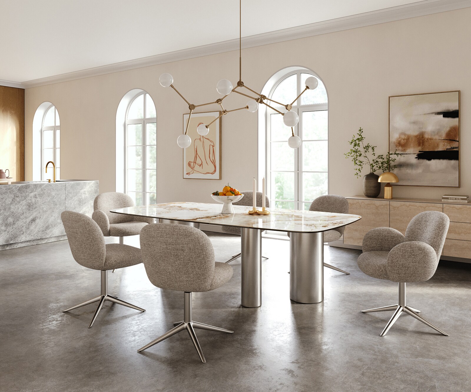 Table à manger Edge Boot 240x120 cm Céramique Minas Melange Blanc-Beige Troa Acier inoxydable gebürstet 6