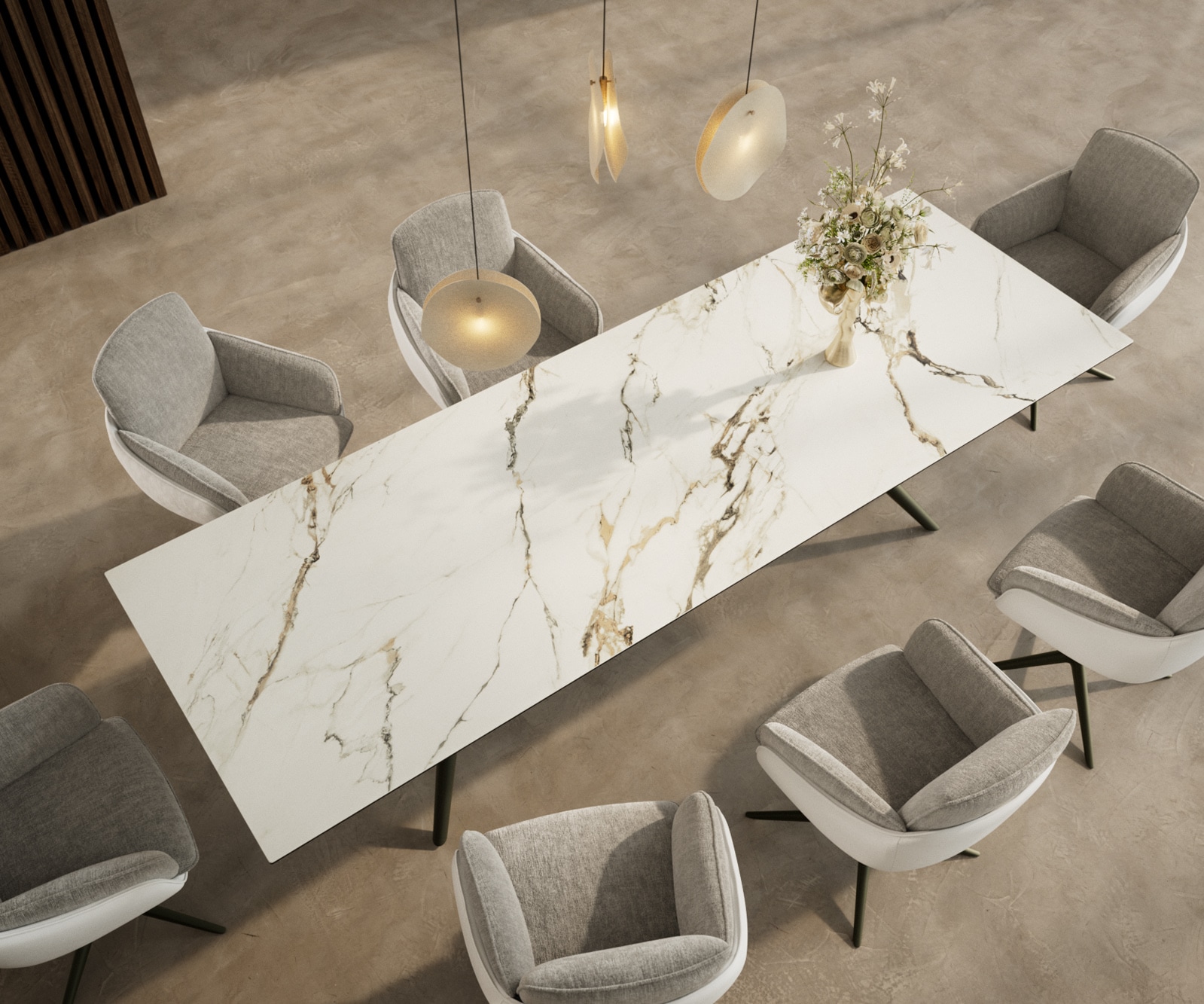 Table à manger Edge 300x100 Céramique Calacatta Luxe Blanc-Doré-Gris Estelar rond Métal finition à effet Titane 3 Table à manger Edge 300x100 Céramique Calacatta Luxe Blanc-Doré-Gris Estelar rond Métal finition à effet Titane 3