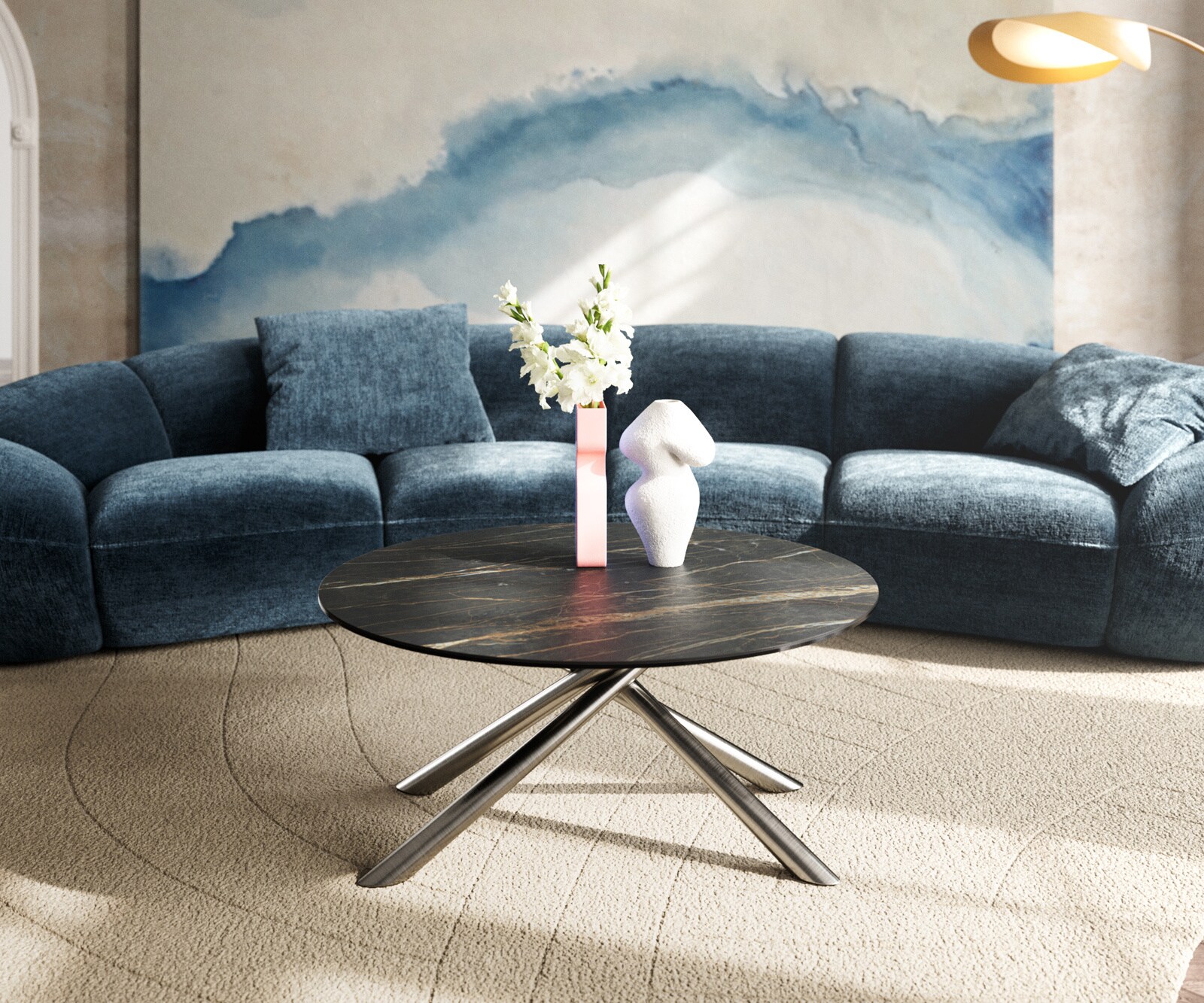 Table basse Edge rond 90x90 cm céramique Laminam® Noir Desir brun Sarity acier inoxydable brossé 1