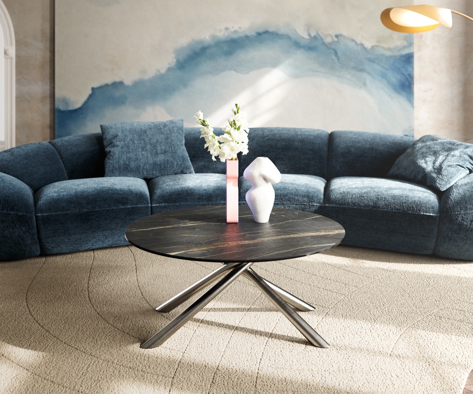 Table basse Edge rond 90x90 cm céramique Laminam® Noir Desir brun Sarity acier inoxydable brossé 2