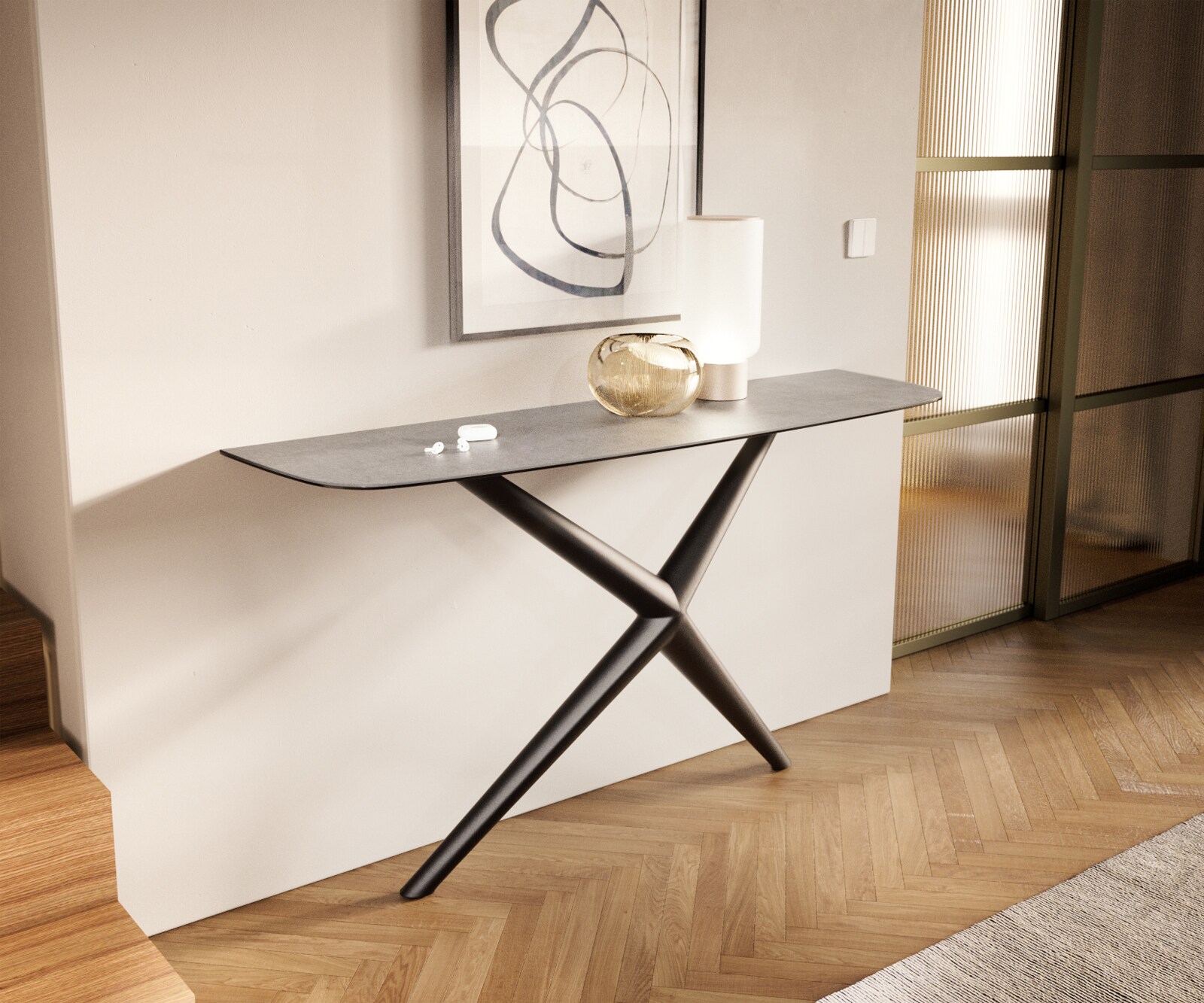 Console Edge forme bateau 140x40 cm Céramique Gris béton Estelo Métal Noir 4