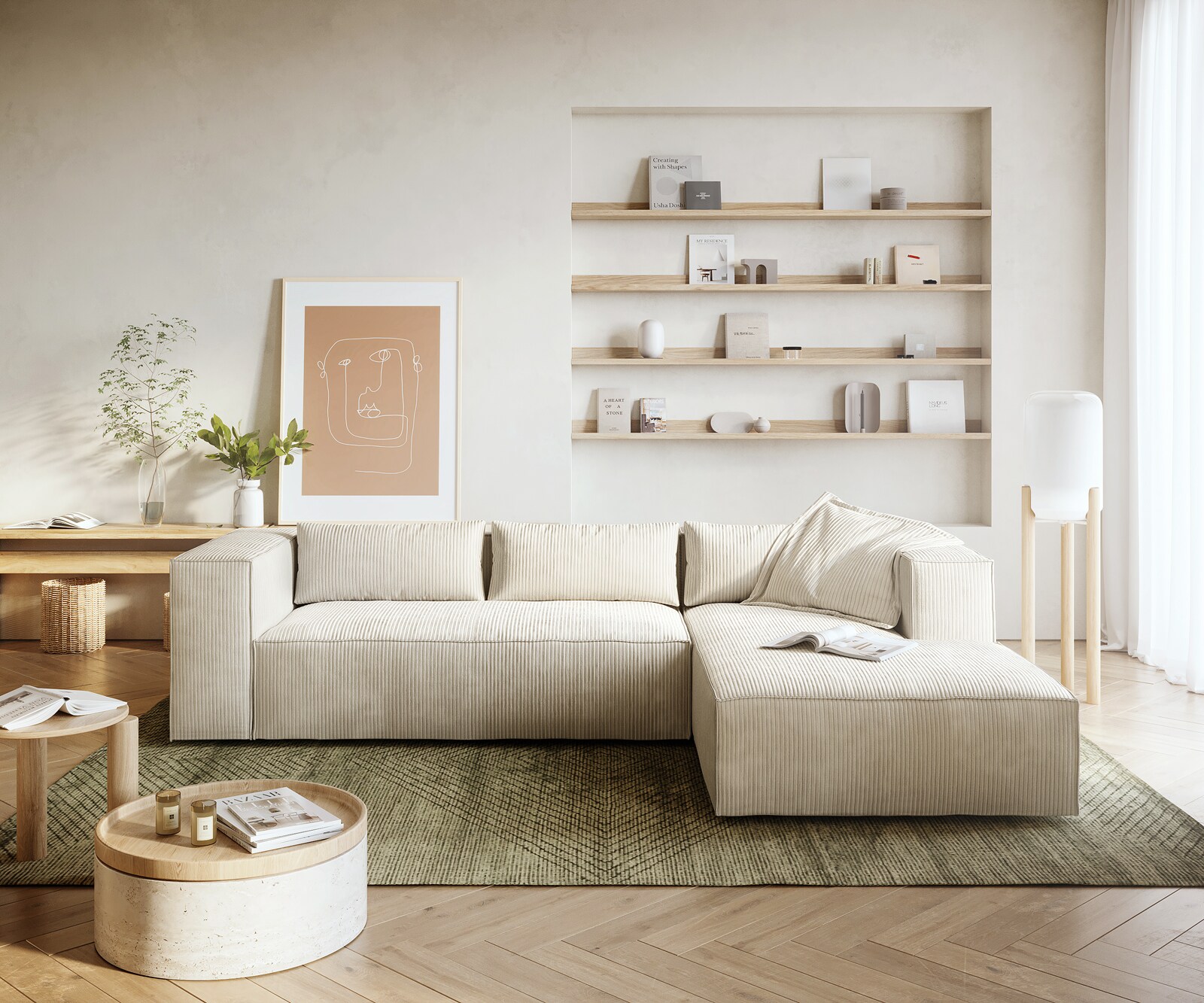 Canapé-d'angle Brom 260 x 175 cm Velours côtelé Beige Recamière à droite 1