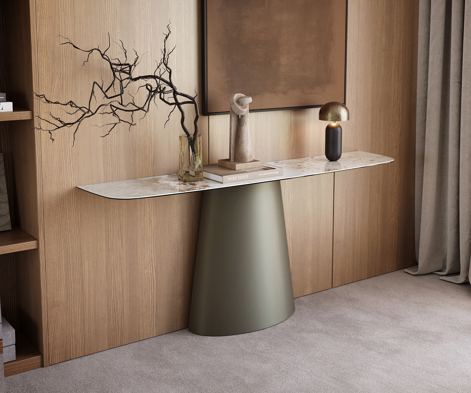 Console Edge forme bateau 180x40 cm Céramique Minas Melange Weiß-Beige Conos Métal Effektfinish Titan 1