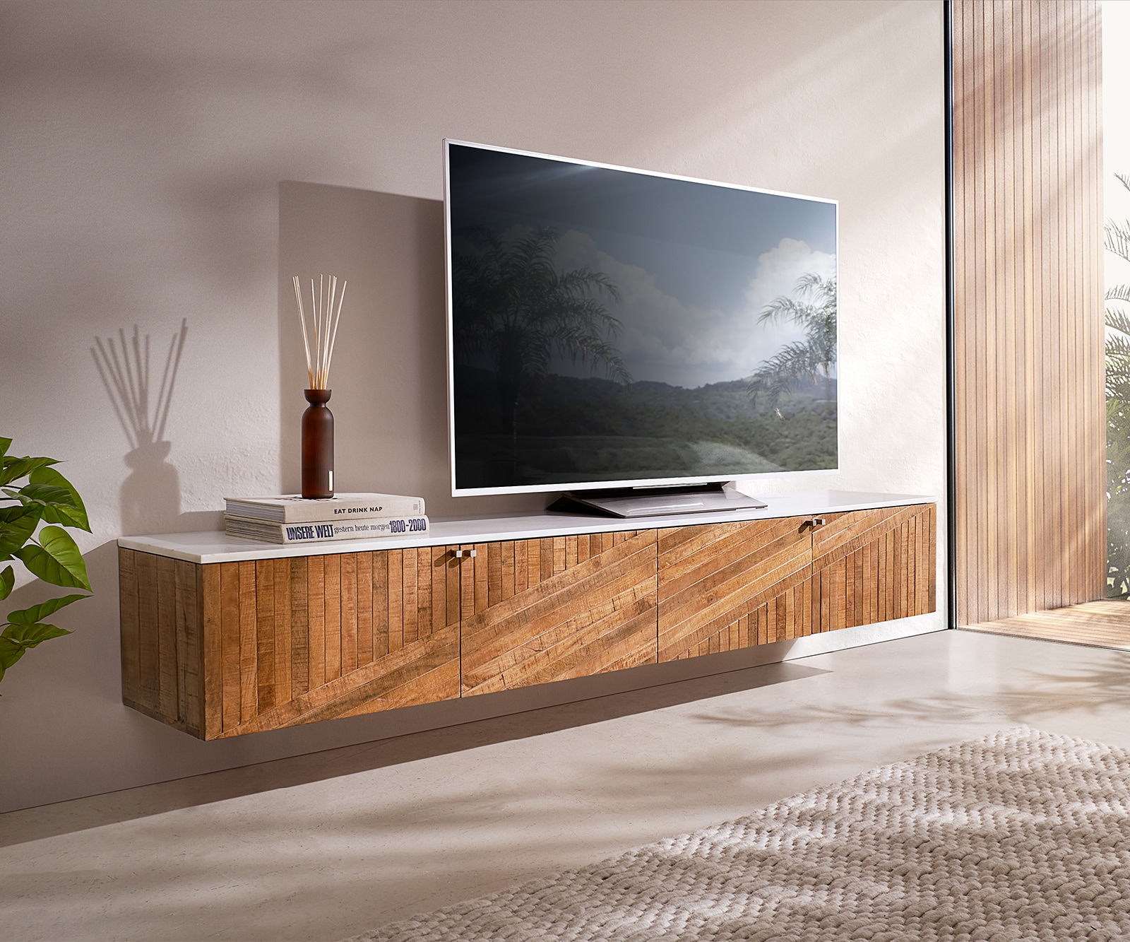 Meuble-TV Bahan 200 cm mangue teck 4 portes plateau marbre blanc flottant