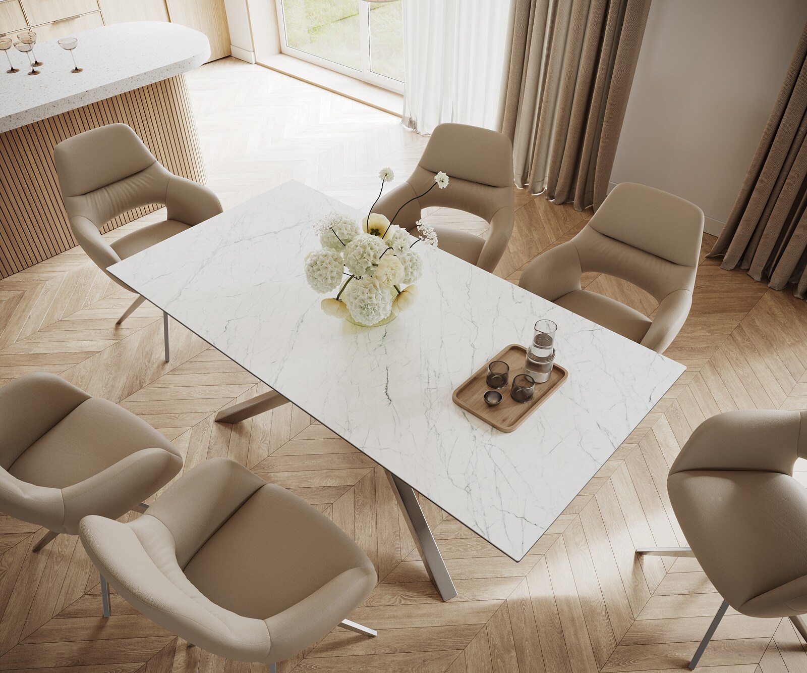 Table-à-manger Edge 200x100cm Laminam® céramique blanc pieds milieu croisé argent 3