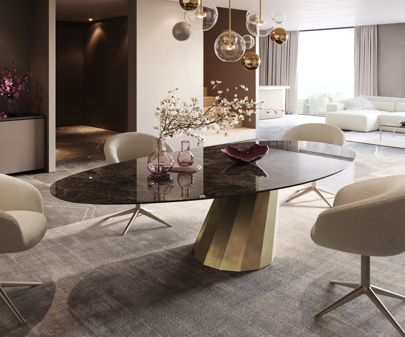 Table à manger Edge ovalee 280x130 céramique Laminam® Emperador Extra Lucidato marron foncé parabole métallique doré 1