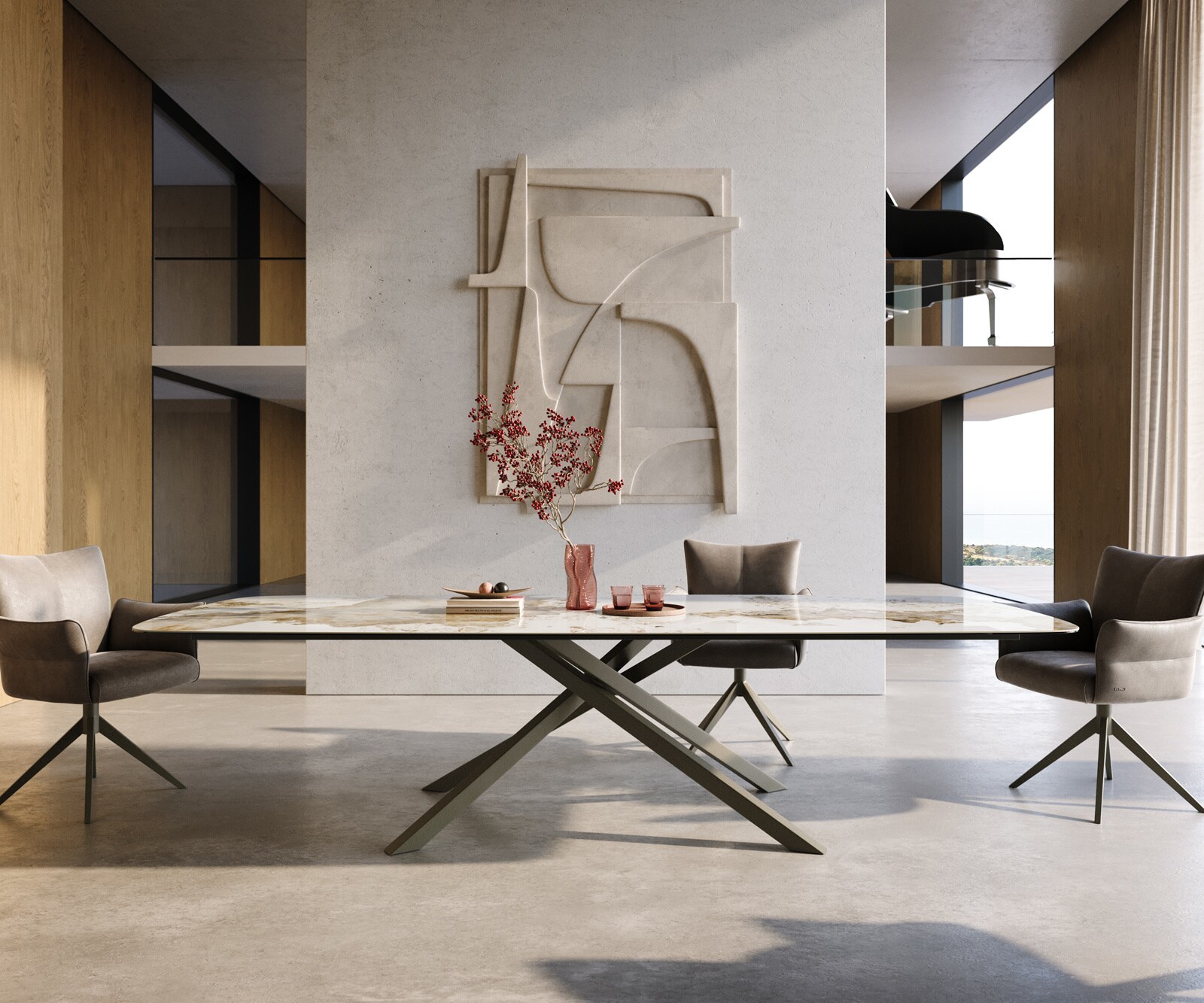 Table à manger Edge Boot 300x120 cm Céramique Minas Melange Blanc-Beige piètement en croix Rectangle Finition effet Titan 2