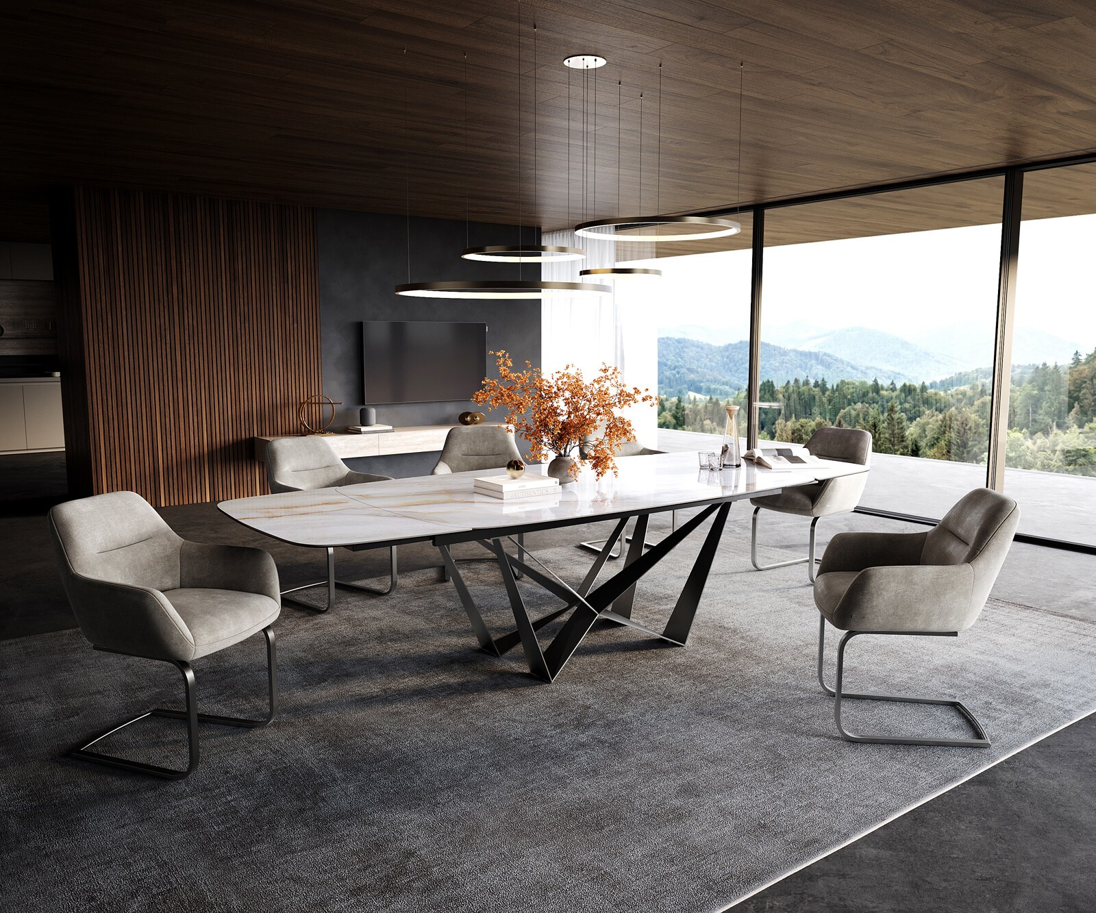 Table à manger Edge Boot 200-300x120 cm Céramique Onyx Pearl Spider Acier plat Acier inoxydable Graphite extensible 7