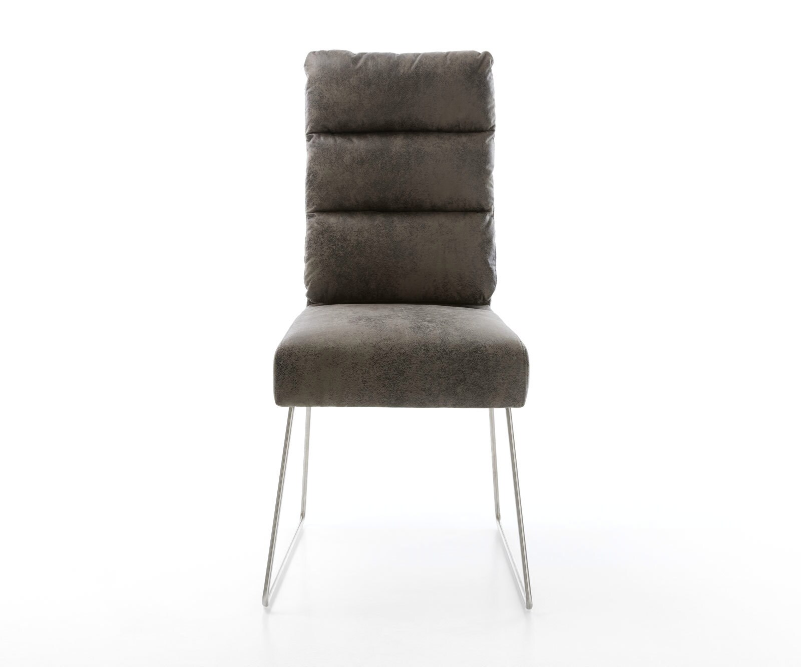 Chaise-de-salle-à-manger Pela-Flex microvelours gris antique pied trapèze acier inoxydable brossé ressorts ensachés 1 Chaise-de-salle-à-manger Pela-Flex microvelours gris antique pied trapèze acier inoxydable brossé ressorts ensachés 1