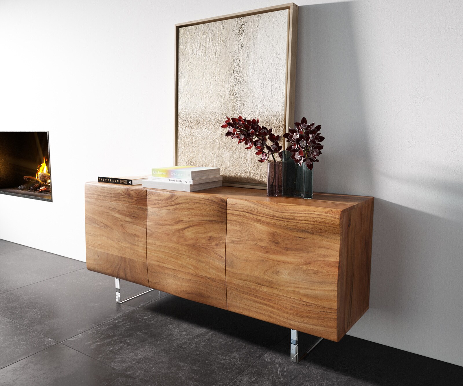 Buffet New Live-Edge 145 cm acacia naturel 3 portes pied acrylique 1