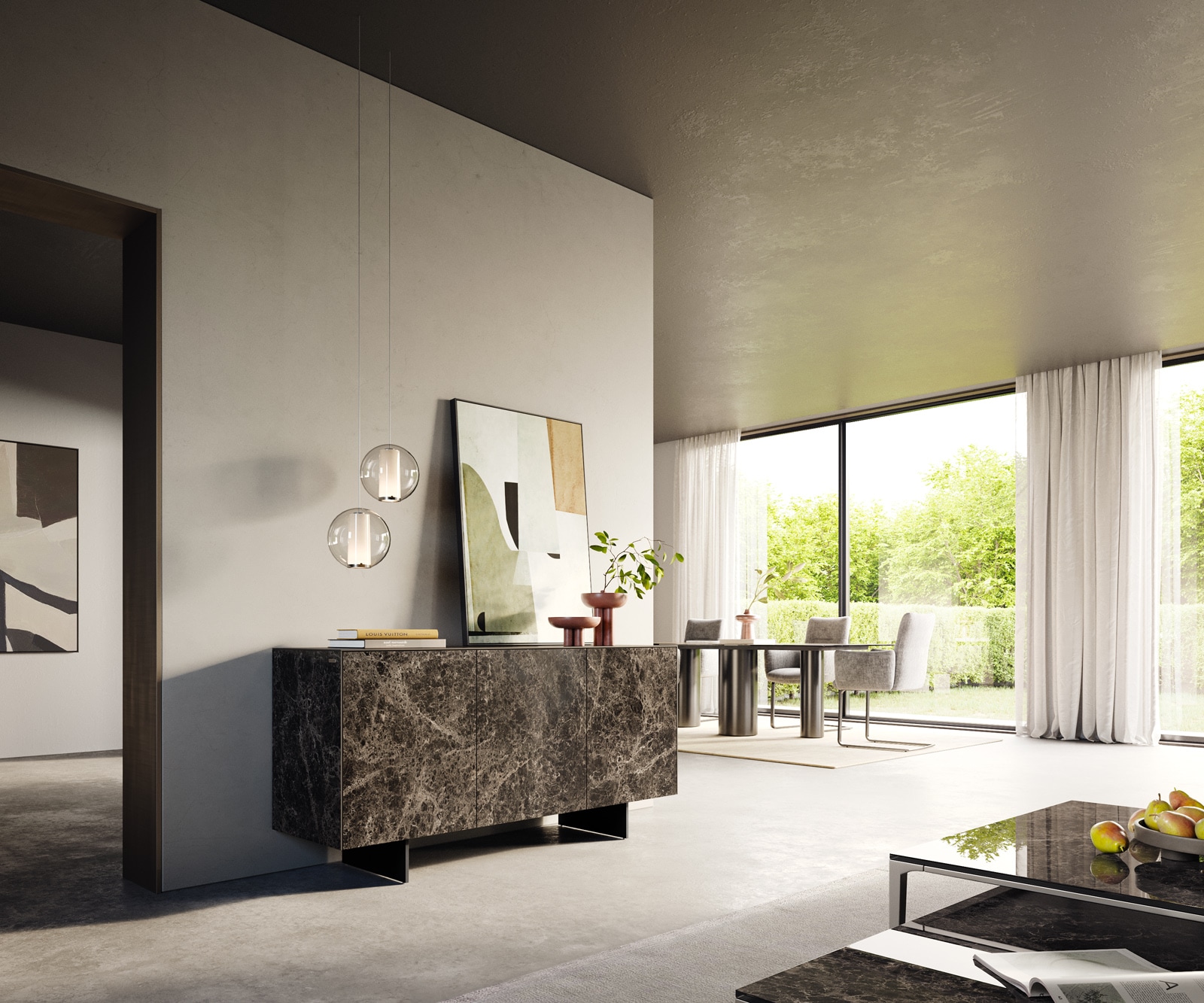 Buffet Cuor 150 cm Céramique Emperador Extra Lucidato brun foncé 3 Portes Pied optique flottant Métal Noir 7