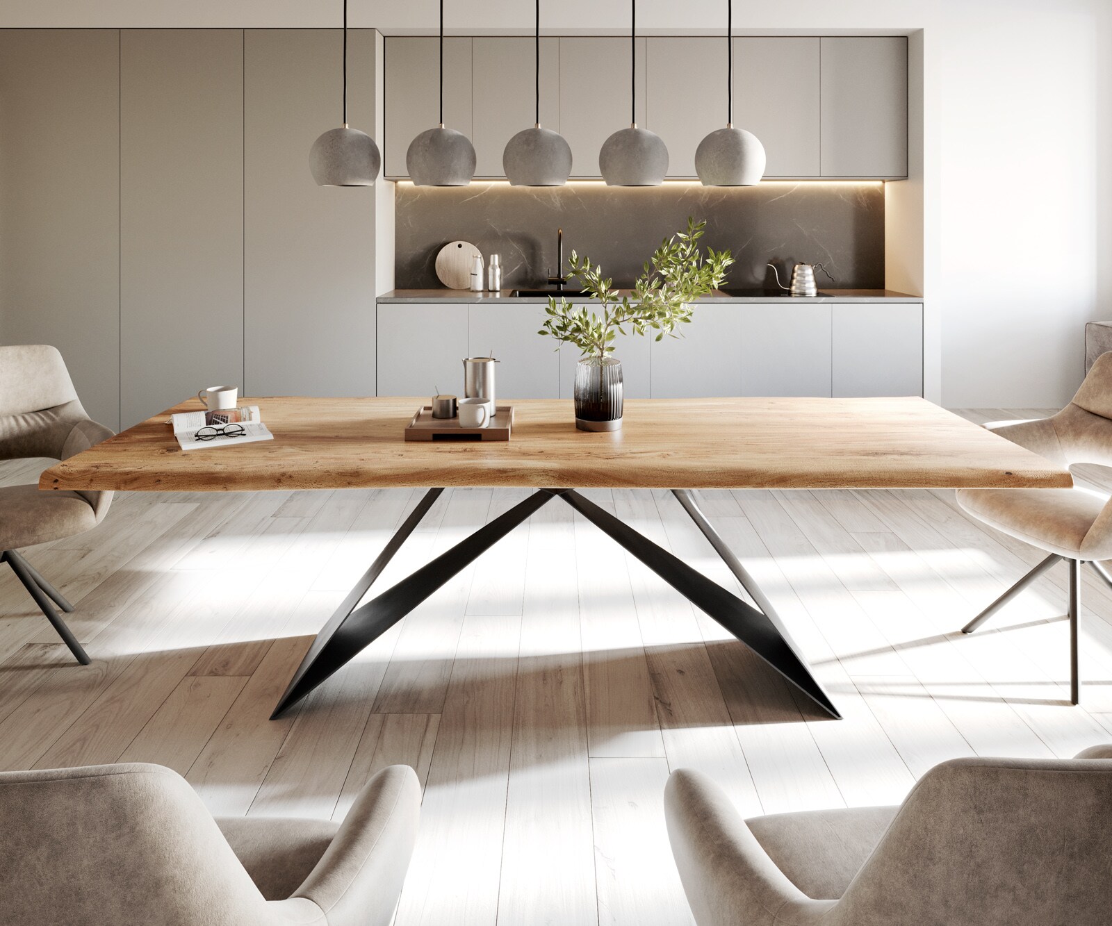 Table à manger Edge 260x100 Acacia Naturel cadre V Acier plat Noir Live-Edge 2