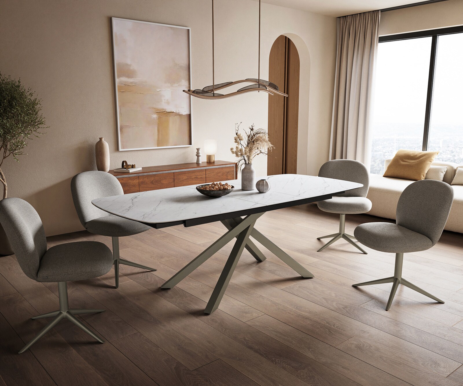 Table à manger Edge Boot 180-220x100 cm Céramique Laminam® Statuarietto Blanc piètement en croix Rectangle Finition effet Titan extensible 6