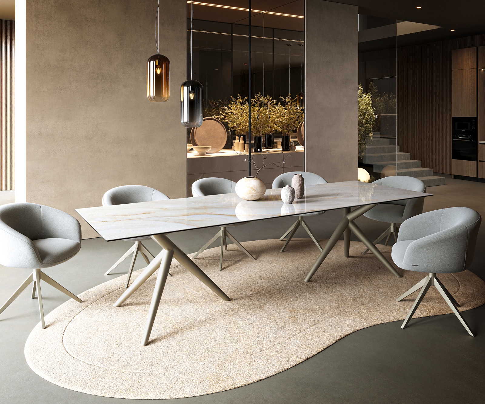 Table à manger Edge 300x100 cm céramique Onyx Pearl Estelar rond métal finition effet titane 6