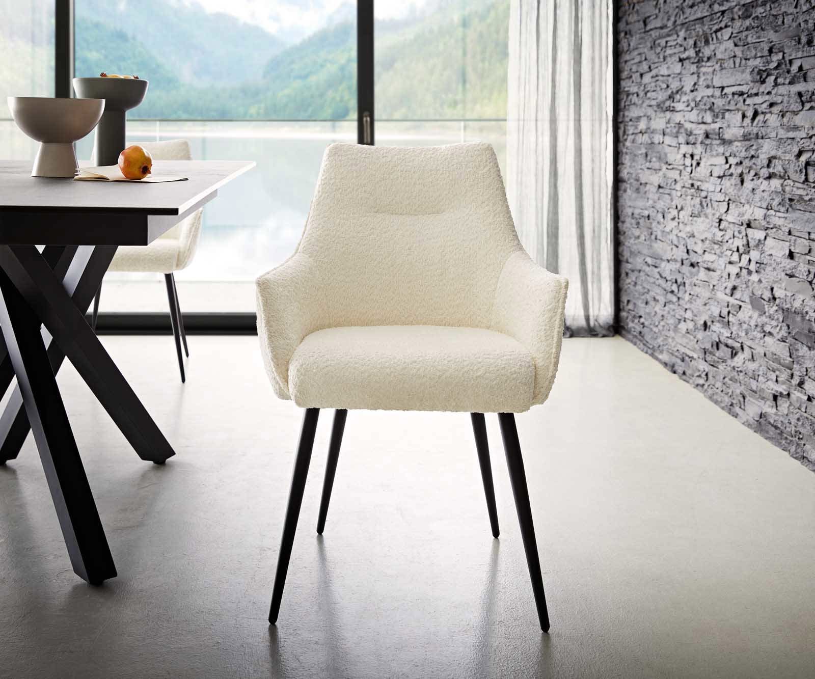 Chaise-de-salle-à-manger Alja-Flex avec accoudoirs bouclé blanc 4 pieds coniques noir ressorts ensachés 1 Chaise-de-salle-à-manger Alja-Flex avec accoudoirs bouclé blanc 4 pieds coniques noir ressorts ensachés 1