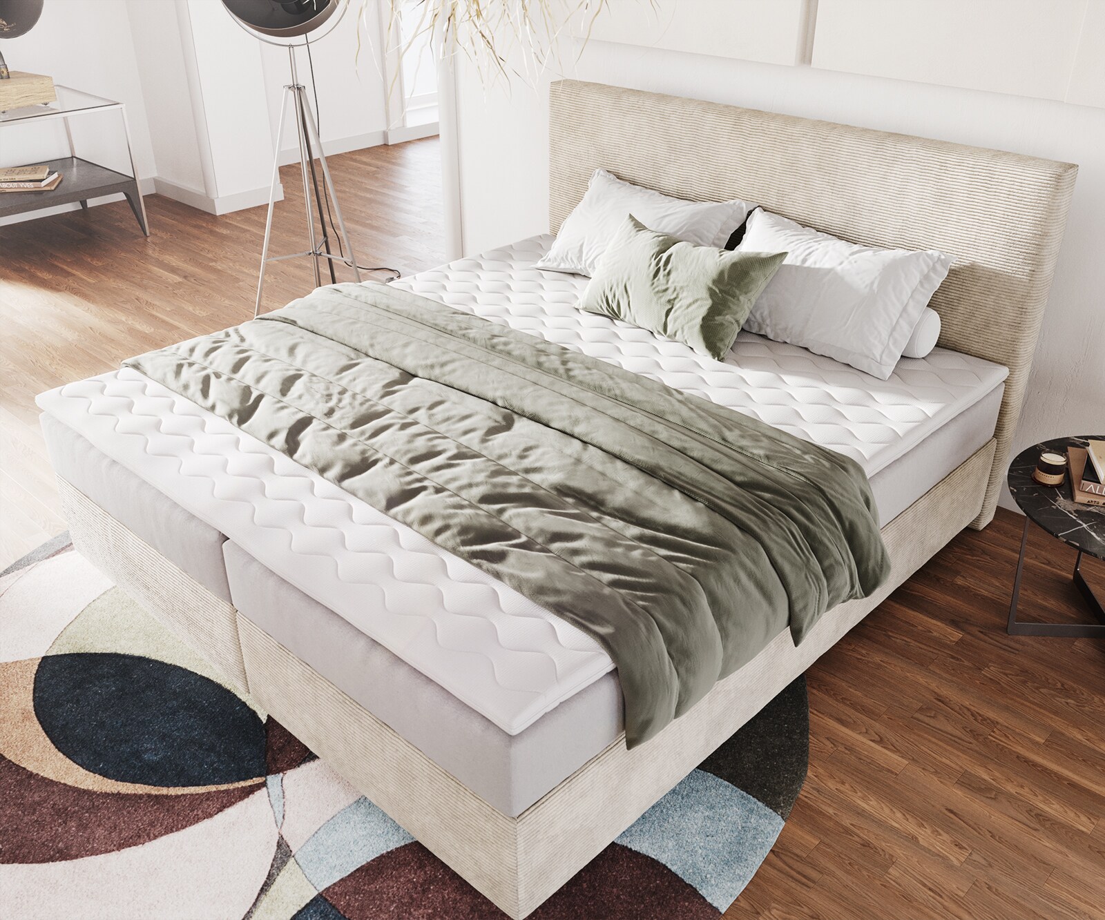 Lit-à-sommier-tapissier  Dream-Well 180x200 cm velours côtelé beige avec matelas à ressorts ensachés et surmatelas viscoélastique 3