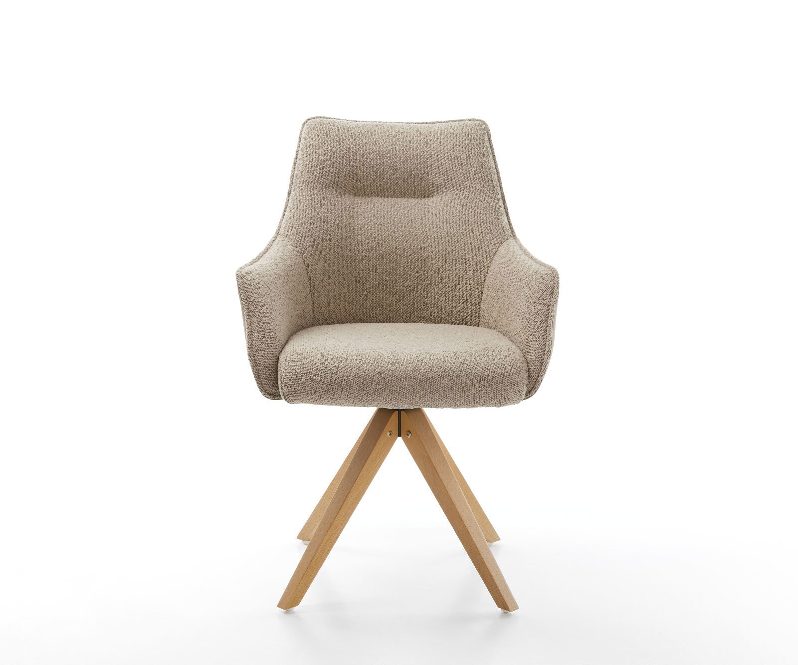 Chaise-pivotante Alja-Flex avec accoudoirs tissu mixte couleur boue pied en bois angulaire naturel pivotement sur 180° ressorts ensachés 1 Chaise-pivotante Alja-Flex avec accoudoirs tissu mixte couleur boue pied en bois angulaire naturel pivotement sur 180° ressorts ensachés 1