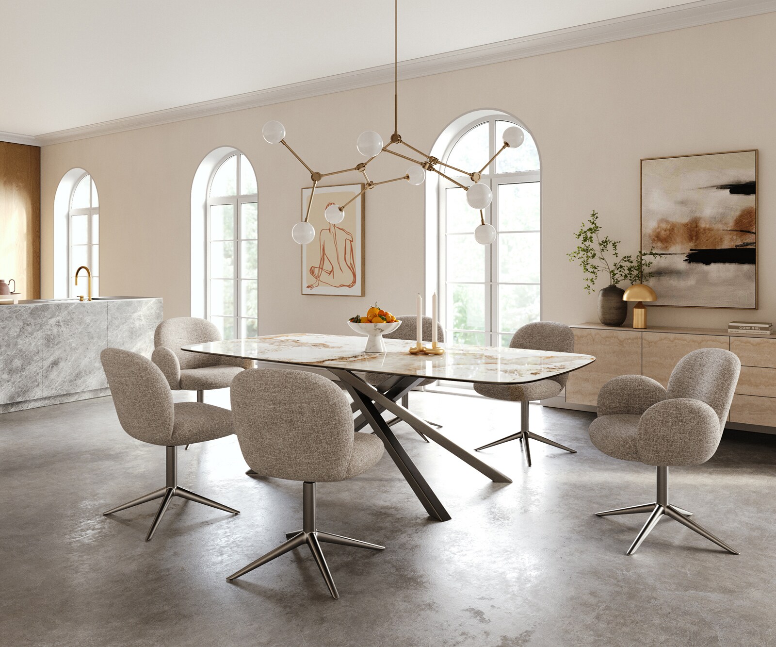 Table à manger Edge Boot 240x120 cm Céramique Minas Melange Blanc-Beige piètement en croix Rectangle Acier inoxydable Graphite 6