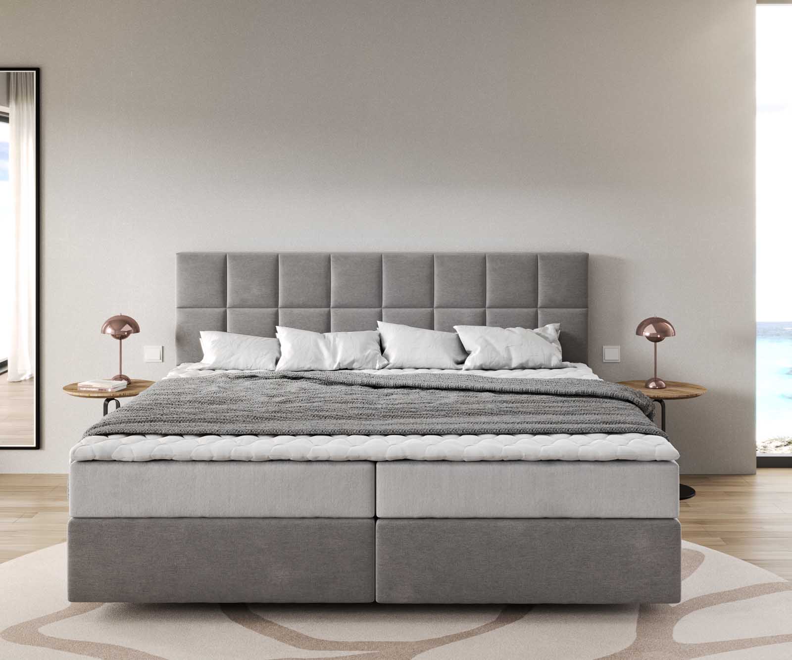 Lit à sommier tapissier Dream-Well microfibre grijs 200x200 cm avec matelas à ressorts ensachés et surmatelas Visco 1