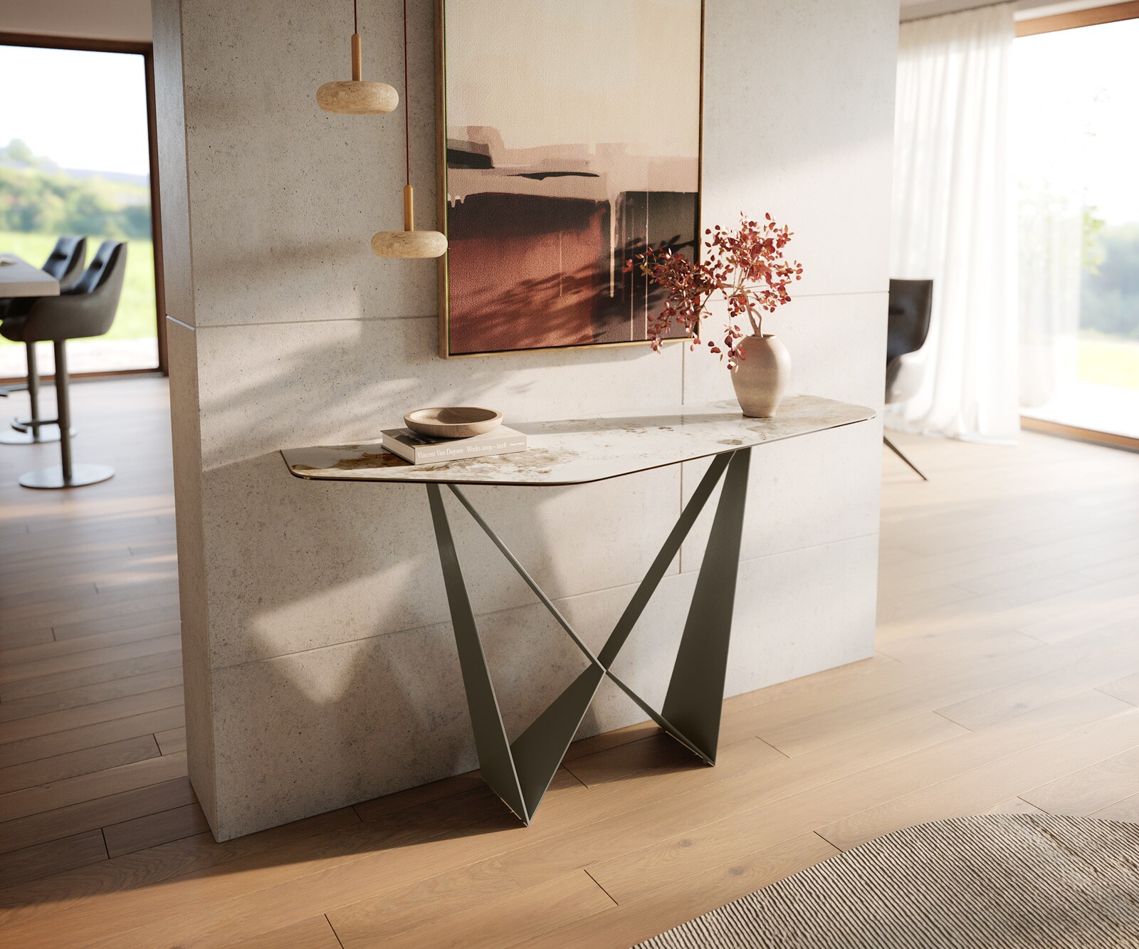 Console Edge Polygonal 140x50 cm Céramique Minas Melange Weiß-Beige Spios Métal Effektfinish Titan 1