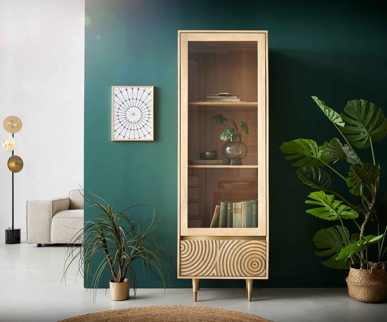 Vitrine Budaya 60x165 cm manguier naturel 2 tiroirs Pieds coniques 1 Vitrine Budaya 60x165 cm manguier naturel 2 tiroirs Pieds coniques 1