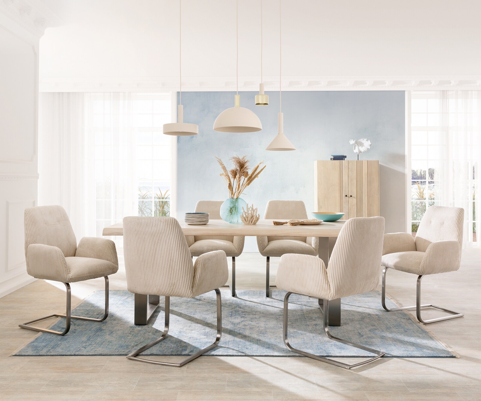 Cantilever Zoa-Flex côtelé beige vintage pied cantilever plat acier inoxydable brossé ressorts ensachés 3