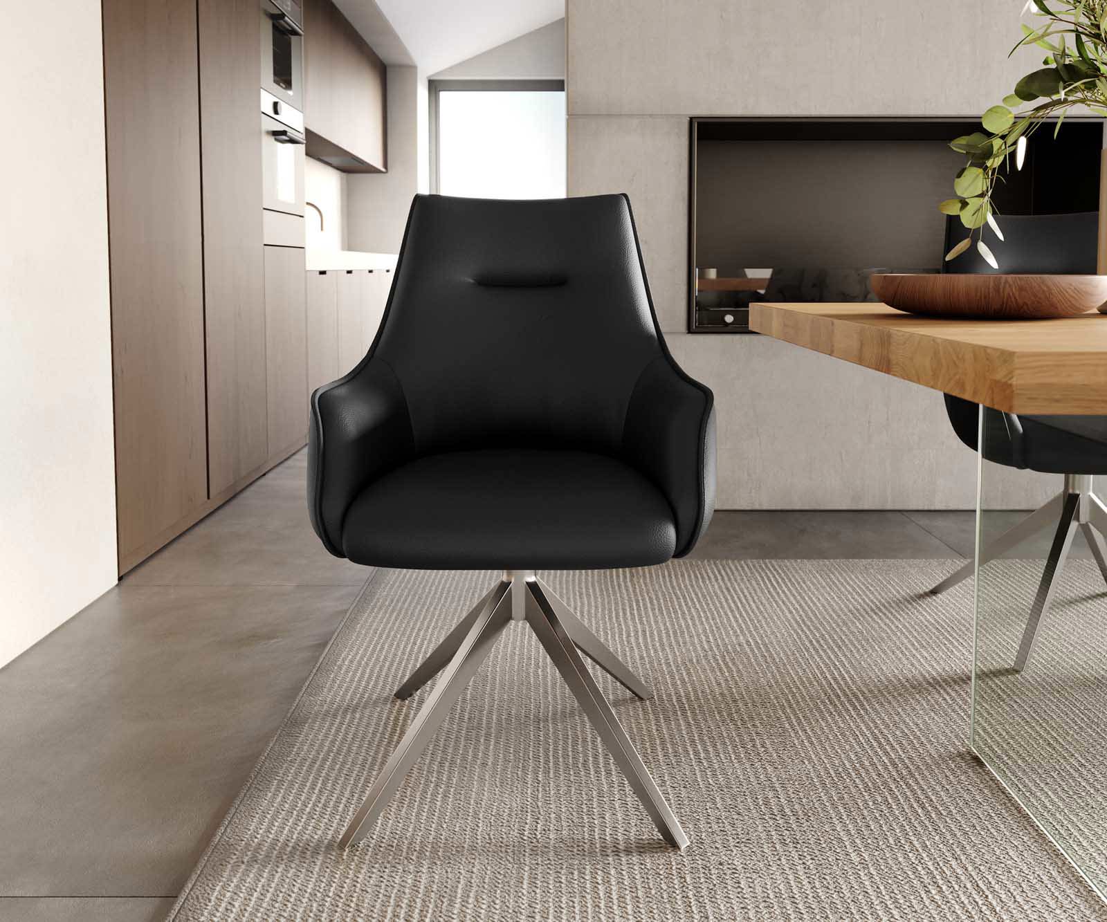 Chaise-pivotante Alja-Flex avec accoudoirs cuir de vache noir pied croisé large acier inoxydable brossé pivotement sur 360° ressorts ensachés 1 Chaise-pivotante Alja-Flex avec accoudoirs cuir de vache noir pied croisé large acier inoxydable brossé pivotement sur 360° ressorts ensachés 1