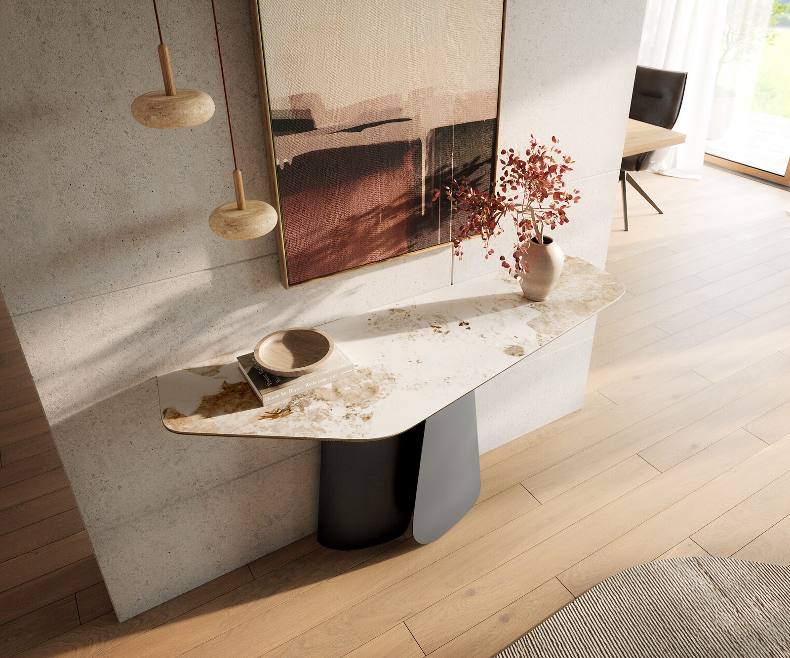 Console Edge Polygonal 140x50 cm Céramique Minas Melange Weiß-Beige Livos Métal Noir 1
