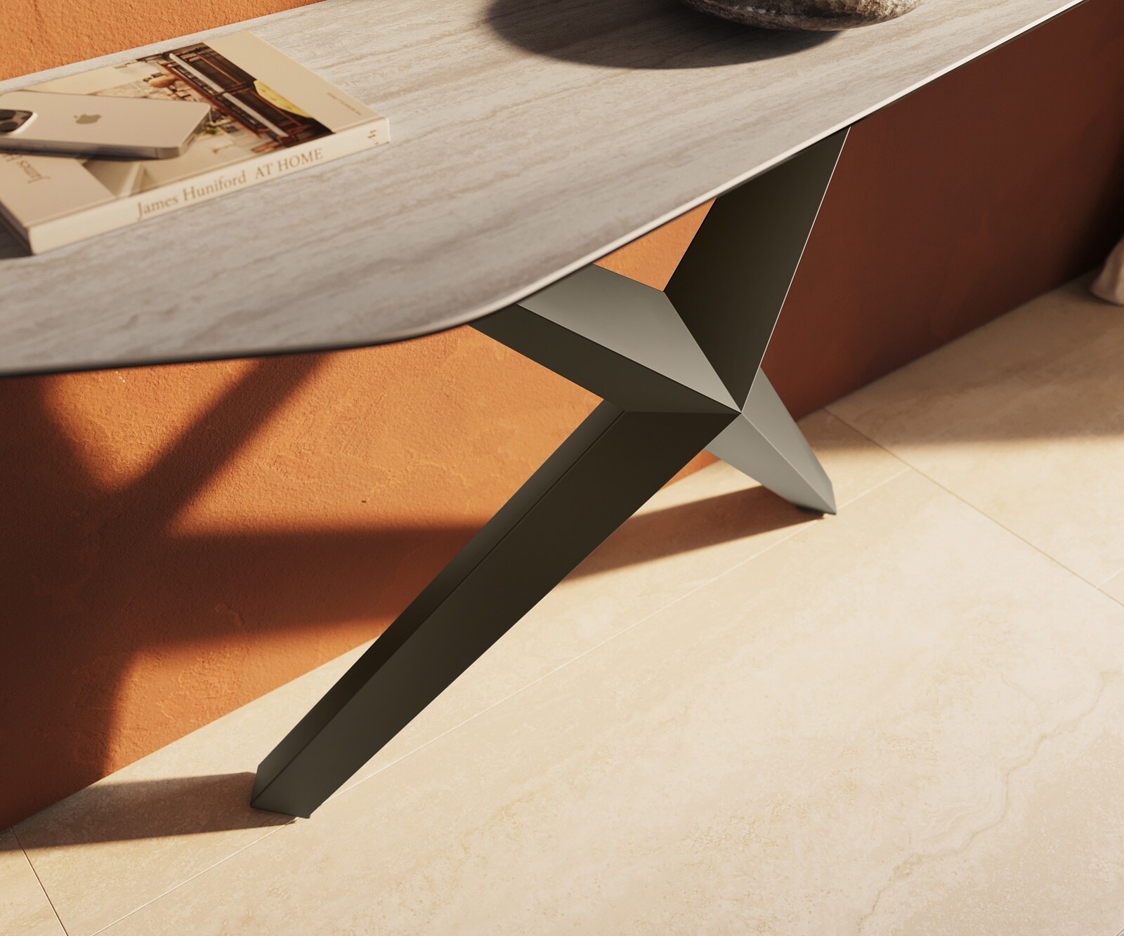 Console Edge Polygonal 180x50 cm Céramique Laminam® Travertino Bianco Creme-Weiß Zentharo Métal Effektfinish Titan 6