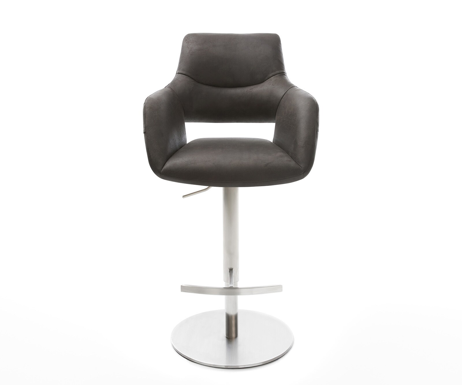 Chaise-de-bar Yago-Flex microfibre anthracite vintage pied pivotant réglable en hauteur acier inoxydable pivotant ressorts ensachés 1