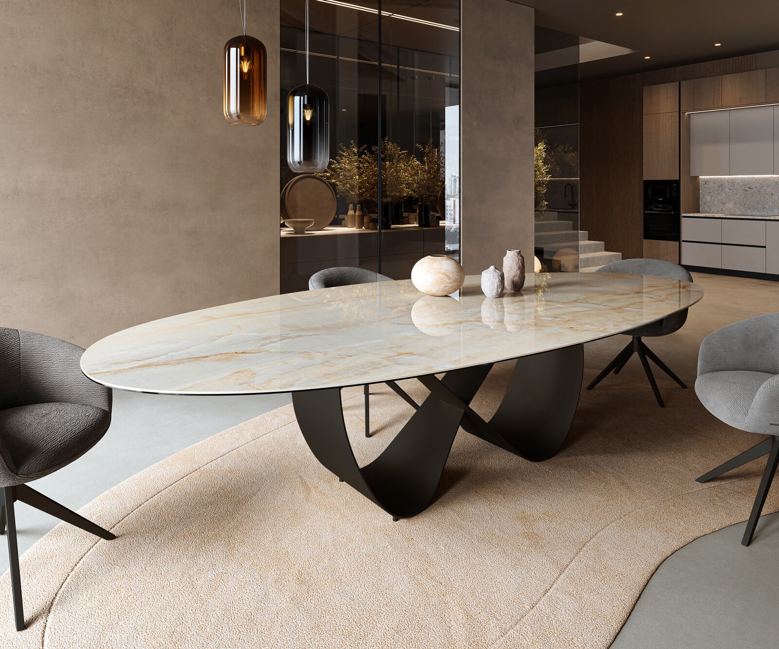 Table à manger Edge Oval 315x150 cm Céramique Iris FMG Onice Oro Infinity Métal Noir