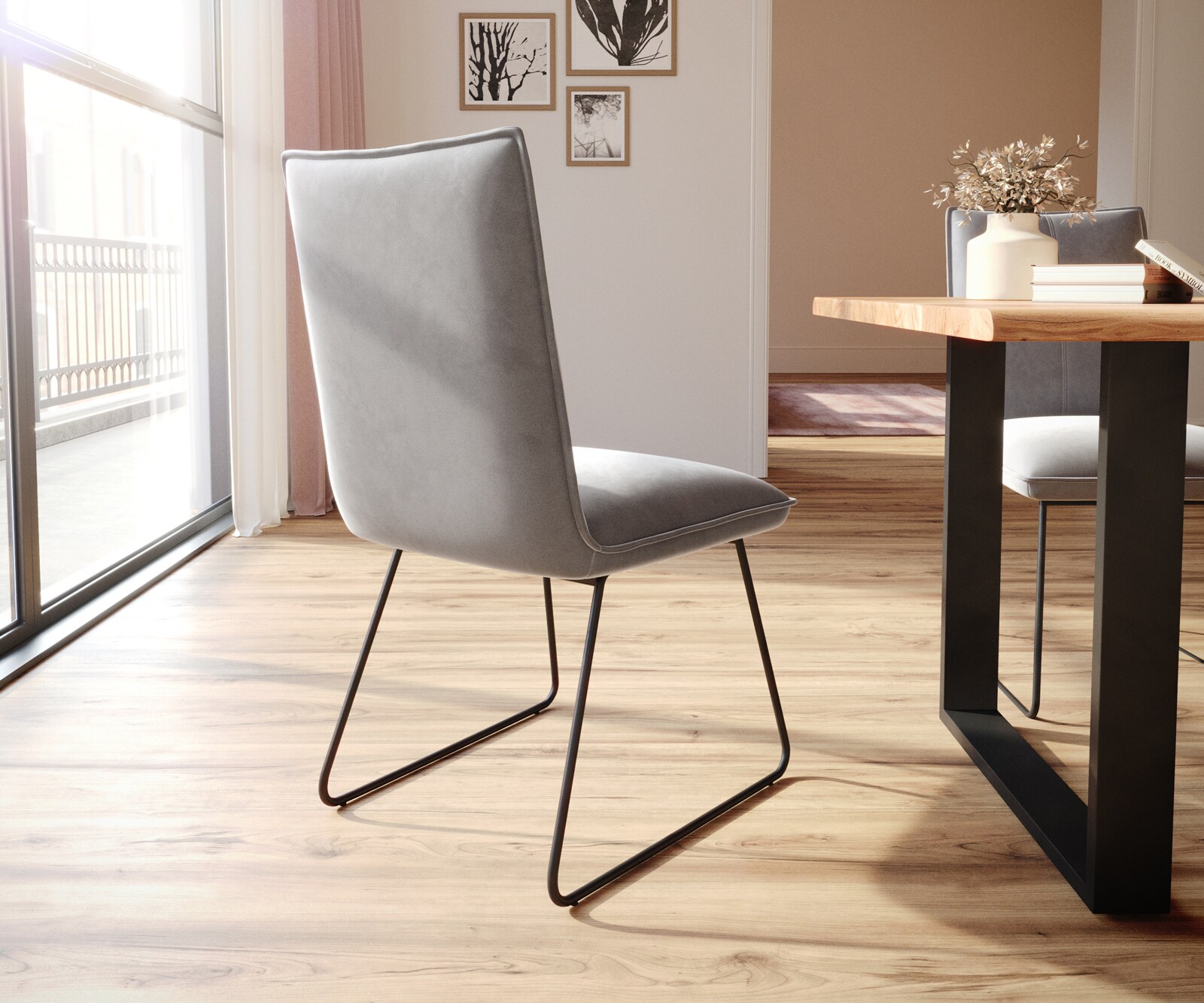 Chaise-de-salle-à-manger Lelio-Flex velours gris pied trapèze noir ressorts ensachés 5