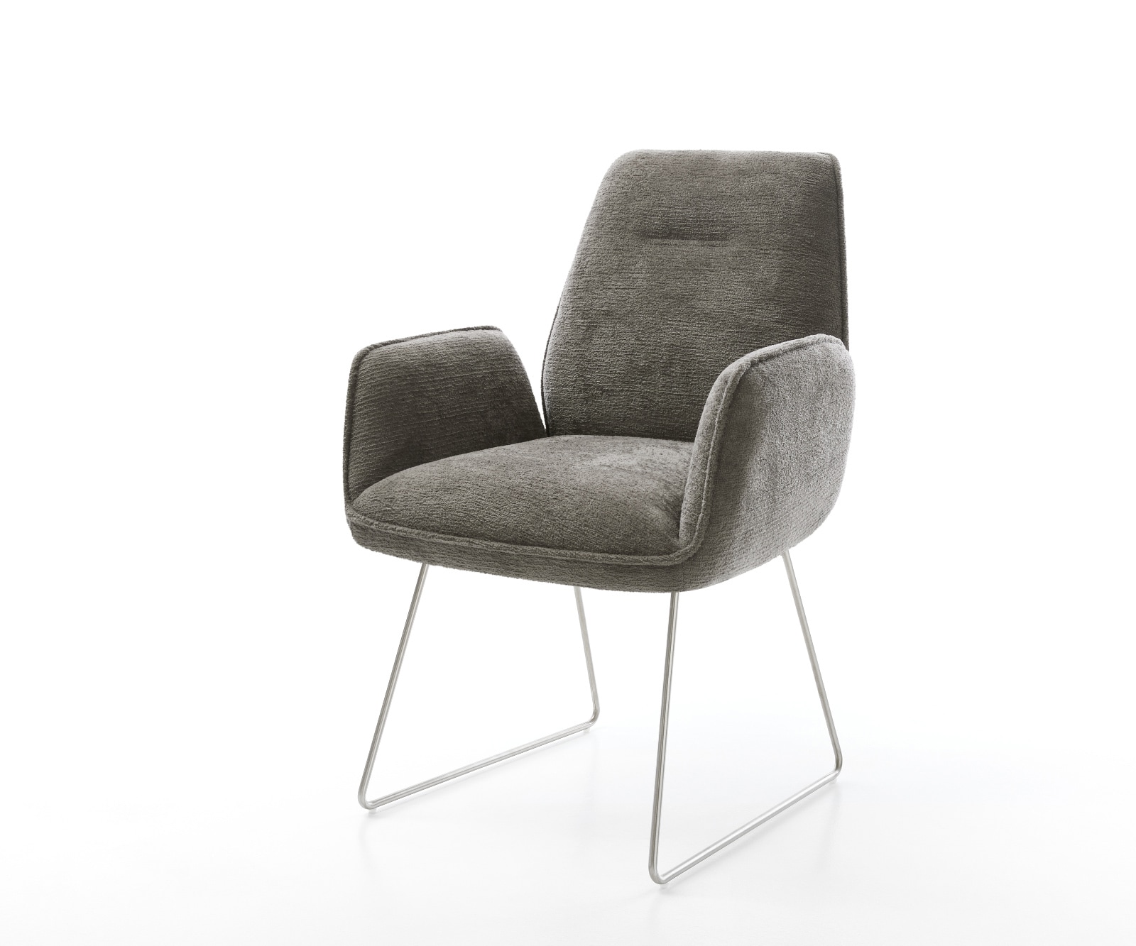 Chaise-de-salle-à-manger Zoa-Flex bouclé doux couleur boue pied trapèze acier inoxydable resorts ensachés