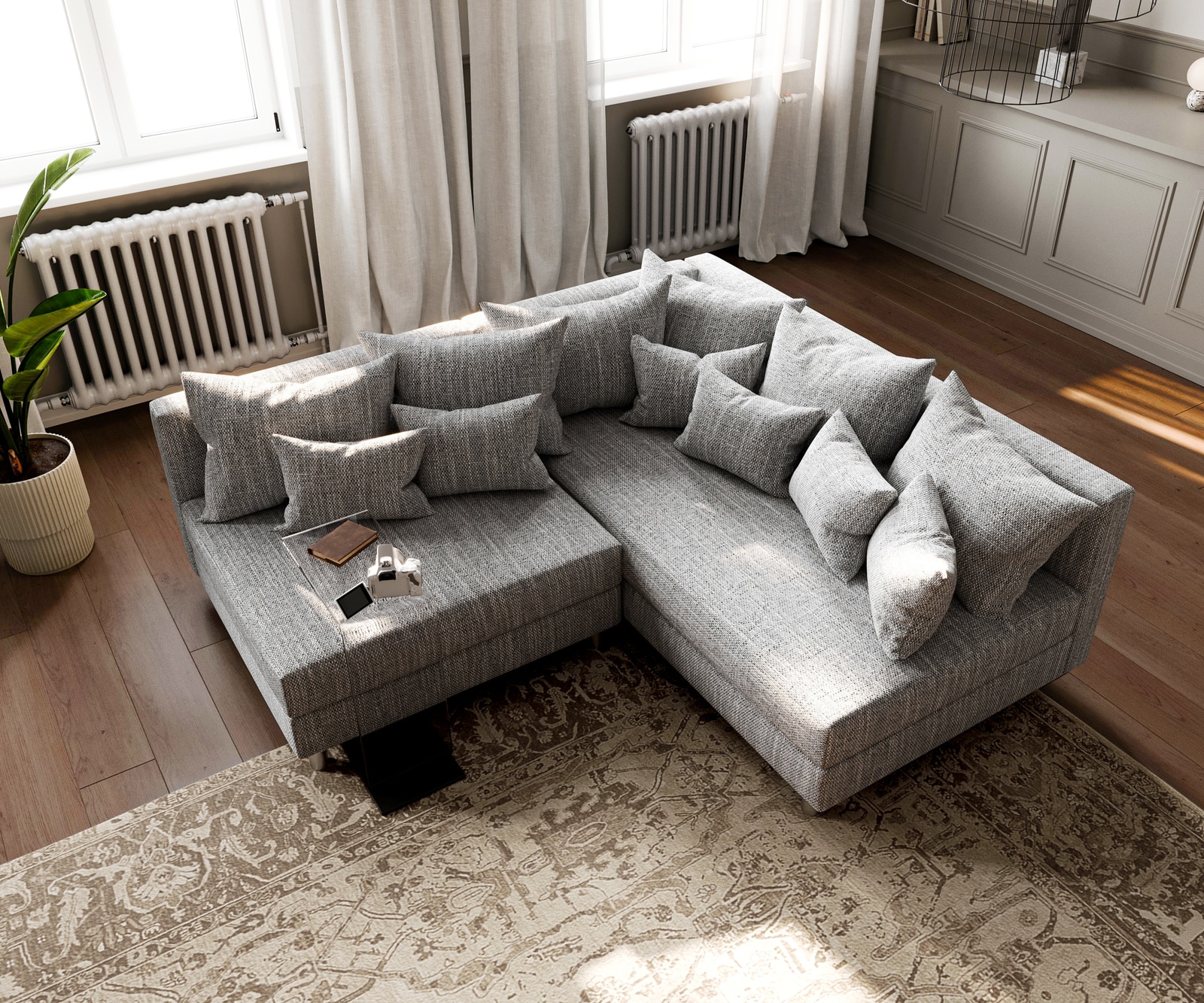 Canapé-d'angle Clovis tissu structuré gris clair ottoman droite canapé modulaire 3 Canapé-d'angle Clovis tissu structuré gris clair ottoman droite canapé modulaire 3