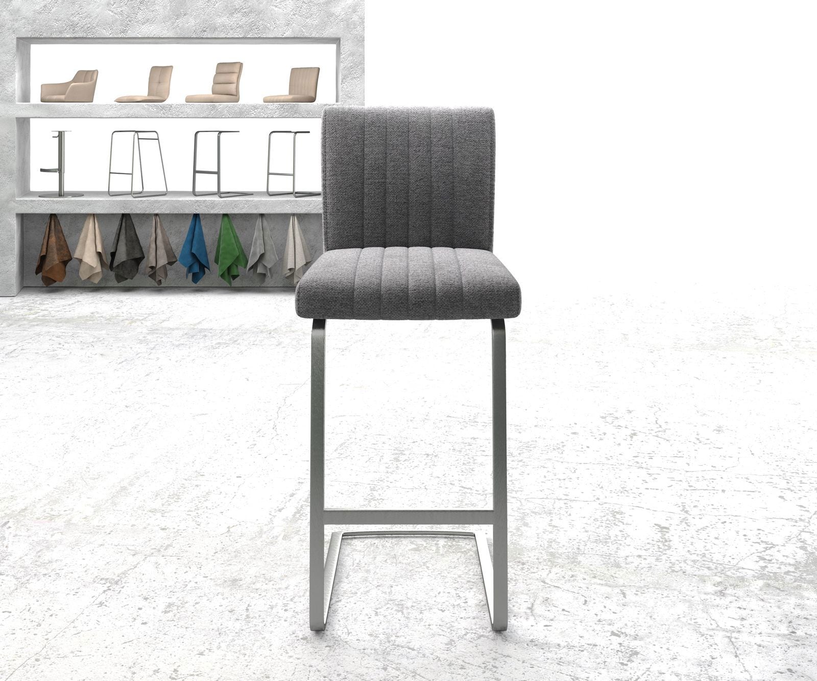 Chaise-de-bar Luiga-Flex tissu texturé gris clair chaise cantilever acier plat inoxydable 1 Chaise-de-bar Luiga-Flex tissu texturé gris clair chaise cantilever acier plat inoxydable 1