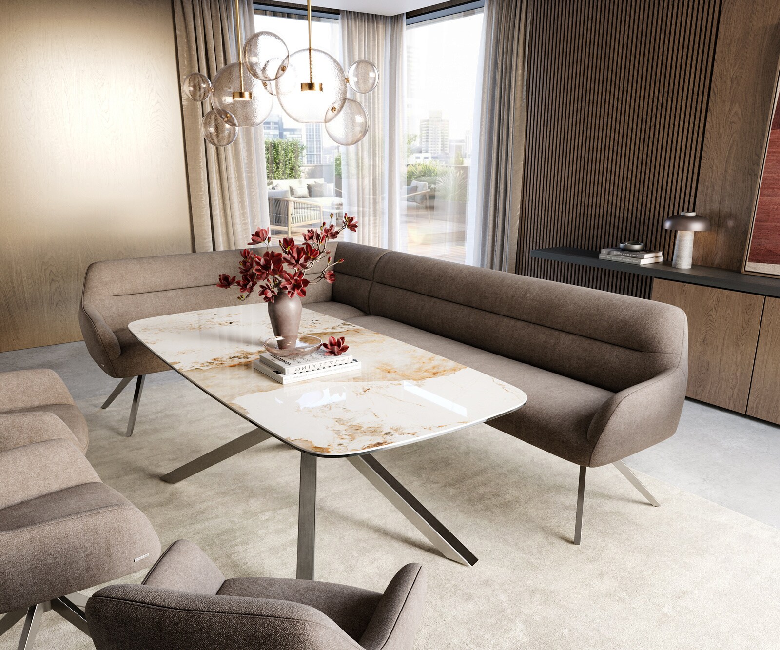 Banc-de-salle-à-manger Taya-Flex 285x190 cm tissu structuré doux taupe pied croisé angulaire acier inoxydable ressort ensaché à droite 1