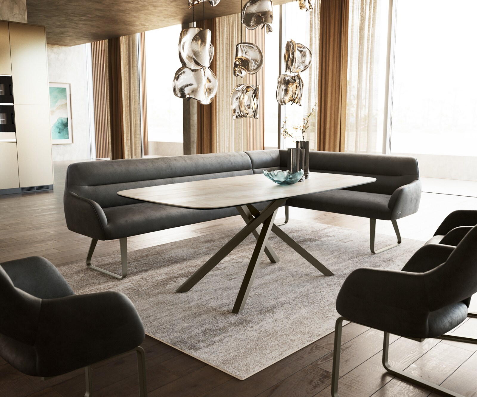 Banc-de-salle-à-manger Taya-Flex 285x190 cm microfibre antracite vintage châssis à patins plat titane ressort ensaché liens 1