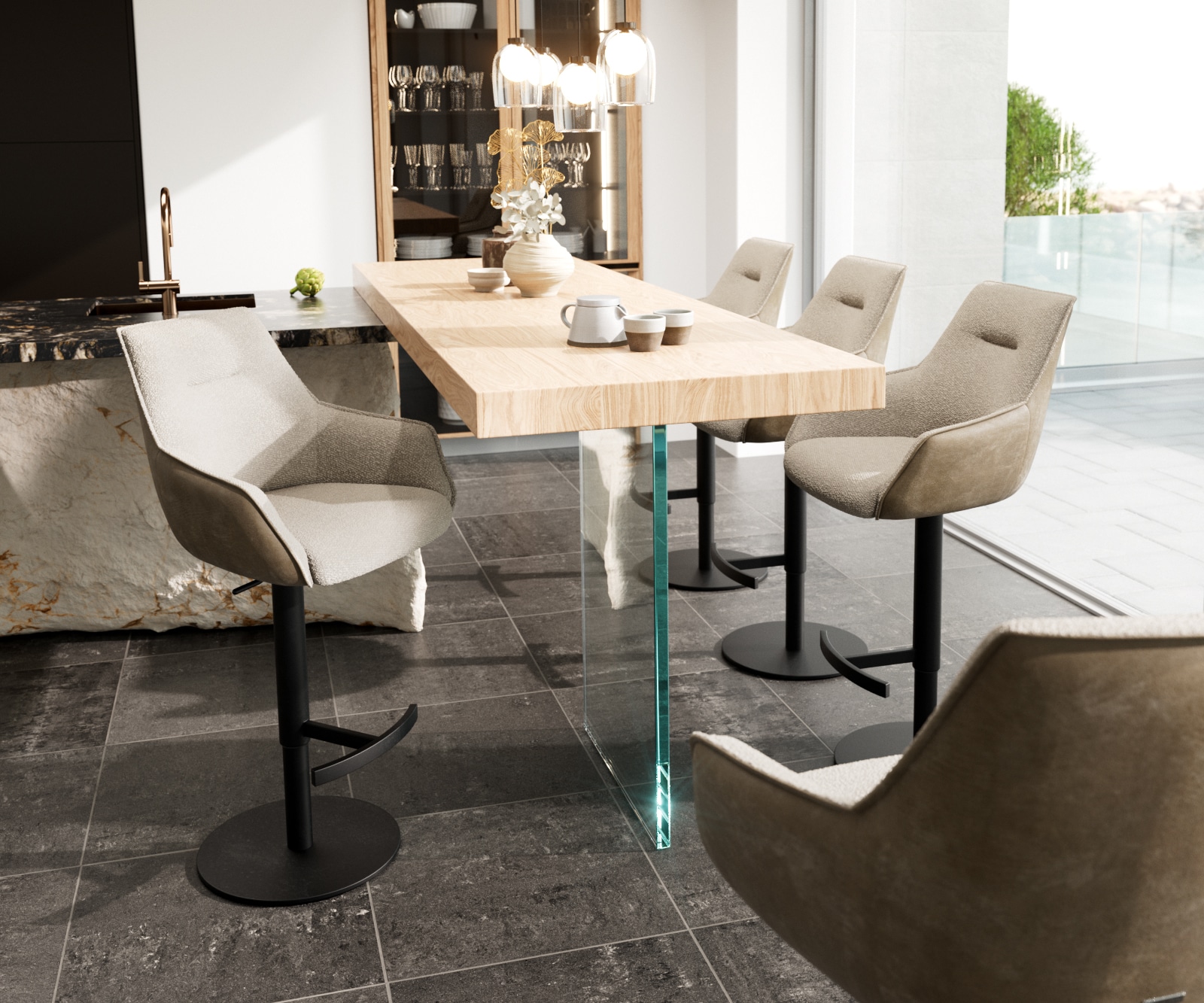 Chaise-de-bar Alja-Flex mélange de matériaux microfibre boue / bouclé boue pied pivotant réglable en hauteur métal noir pivotant ressorts ensachés 1 Chaise-de-bar Alja-Flex mélange de matériaux microfibre boue / bouclé boue pied pivotant réglable en hauteur métal noir pivotant ressorts ensachés 1