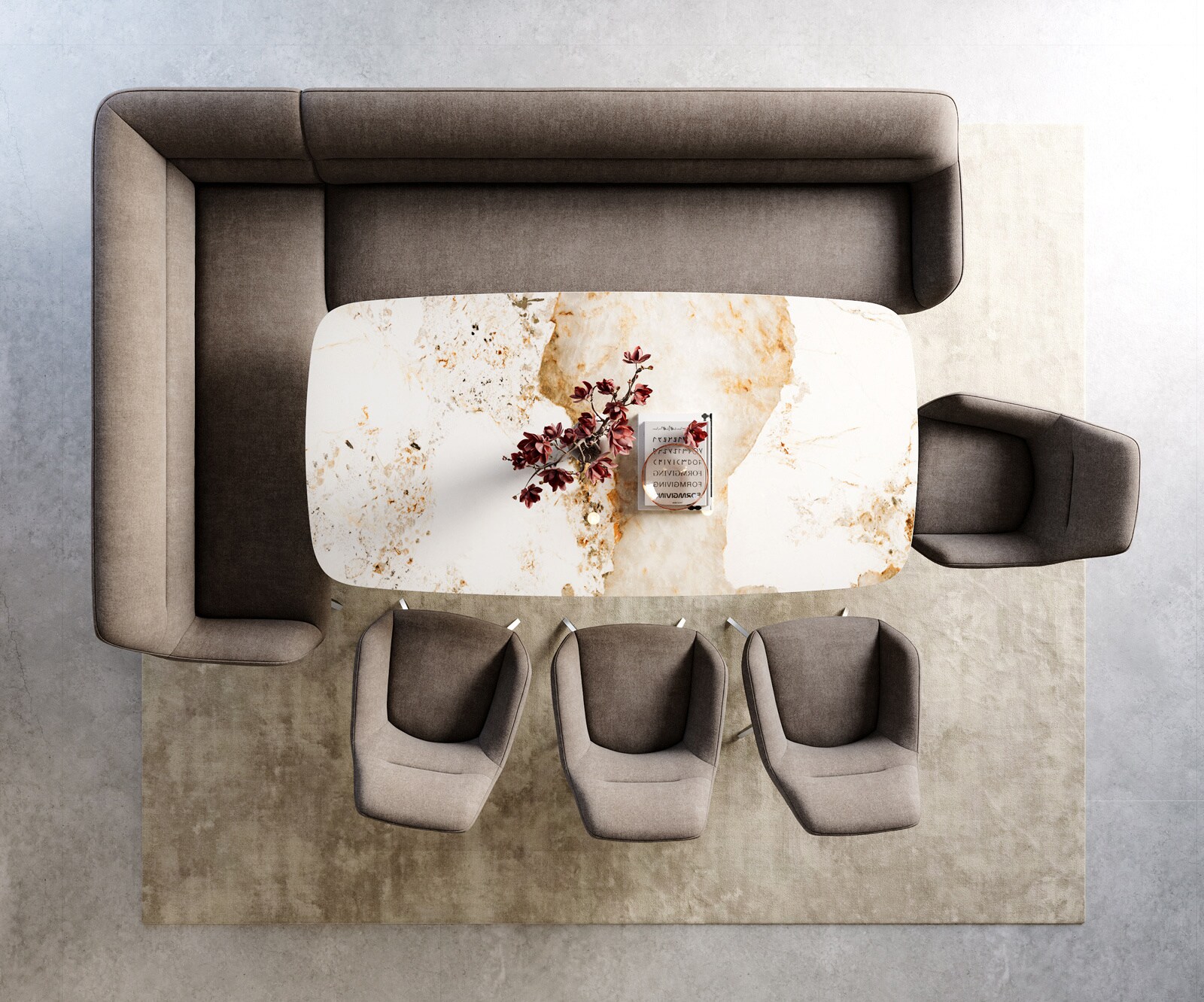 Banc-de-salle-à-manger Taya-Flex 285x190 cm tissu structuré doux taupe pied croisé angulaire acier inoxydable ressort ensaché à droite 6