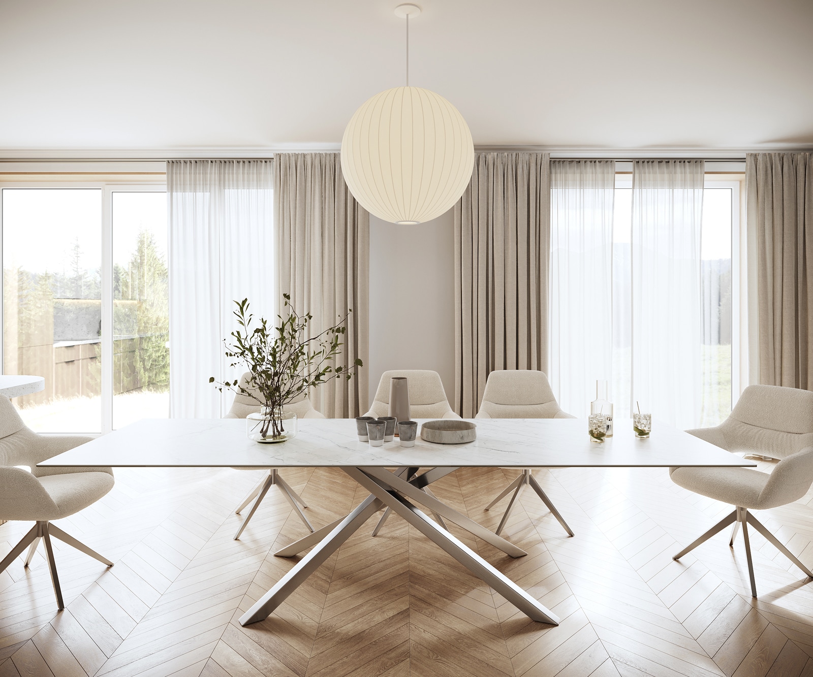 Table-à-manger Edge 300x100cm Laminam® céramique blanc pieds milieu croisé argent 1 Table-à-manger Edge 300x100cm Laminam® céramique blanc pieds milieu croisé argent 1