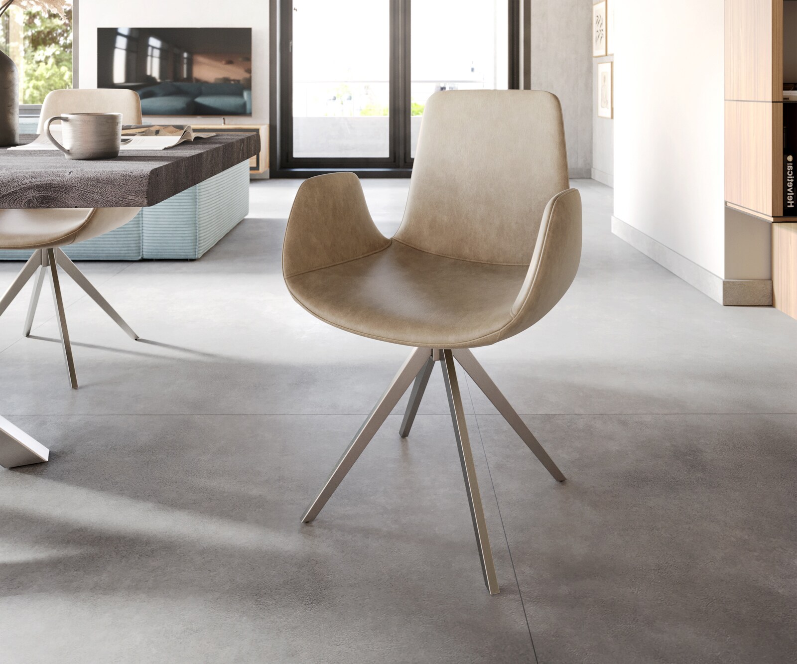 Chaise-de-salle-à-manger Ilia-Flex avec accoudoirs microvelours beige vintage pied croisé angulaire acier inoxydable brossé
