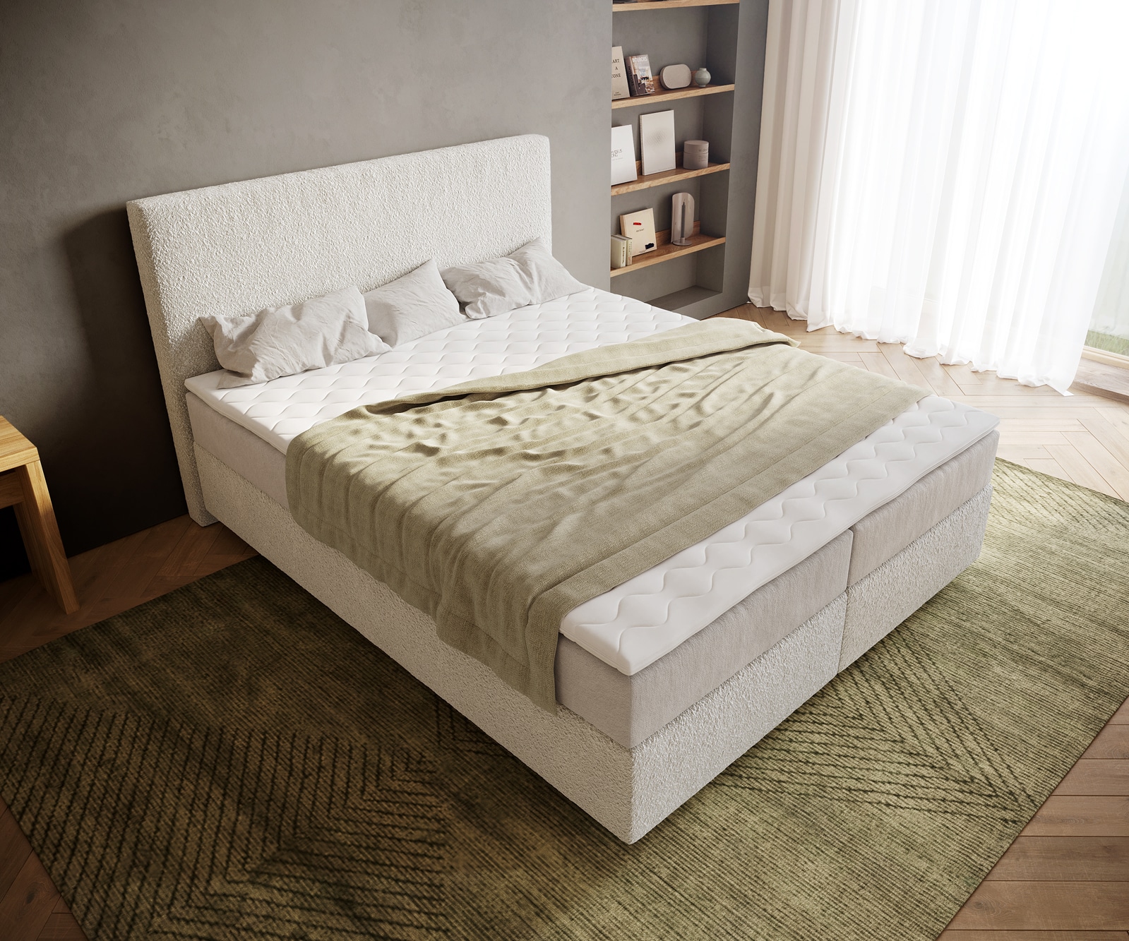 Lit-à-sommier-tapissier Dream-Well 160x200 cm Bouclé Crème-Blanc avec matelas à ressorts ensachés et surmatelas Visco 3 Lit-à-sommier-tapissier Dream-Well 160x200 cm Bouclé Crème-Blanc avec matelas à ressorts ensachés et surmatelas Visco 3