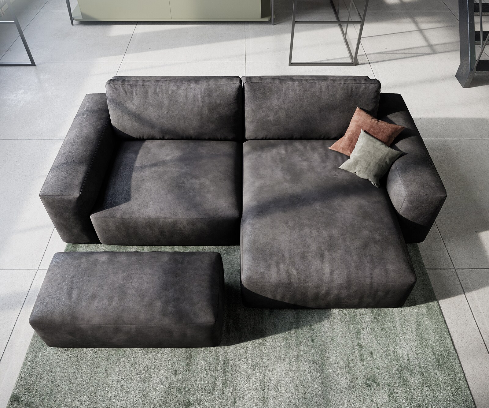 Canapé d’angle Lanzo 230x155 cm similicuir vintage anthracite méridienne réversible avec pouf 4