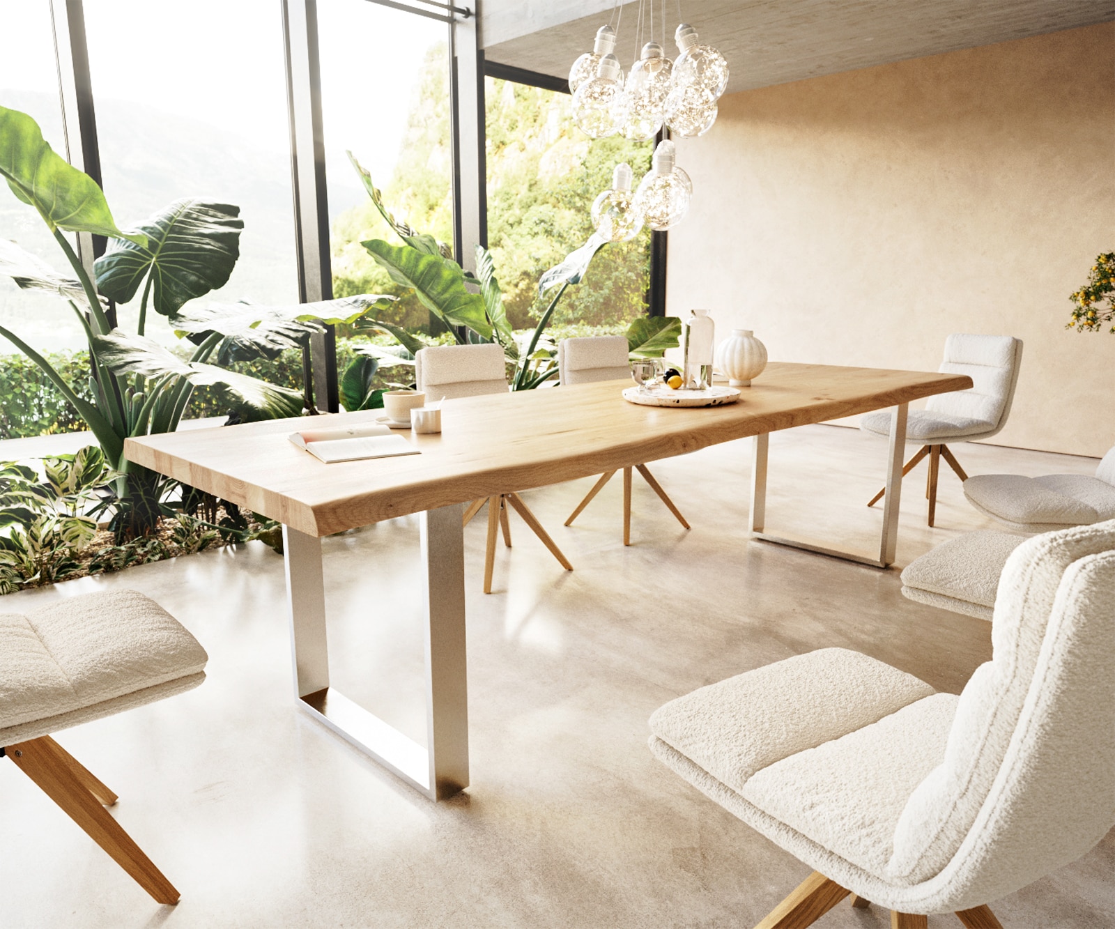 Table à manger Edge 300x100 chêne nature acier inoxydable mince Live-Edge 1