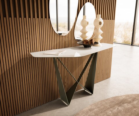 Console Edge Polygonal 140x50 cm Céramique Onyx Champagne Spios Métal Effektfinish Titan