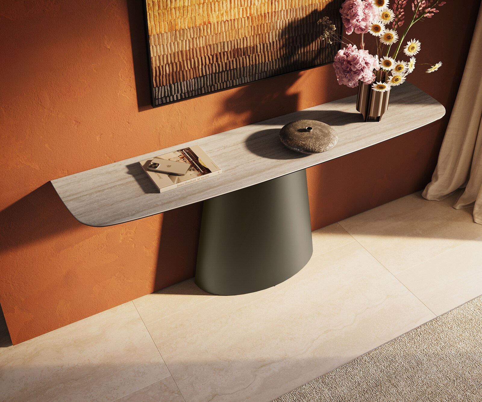 Console Edge forme bateau 180x40 cm Céramique Laminam® Travertino Bianco Creme-Weiß Conos Métal Effektfinish Titan 4