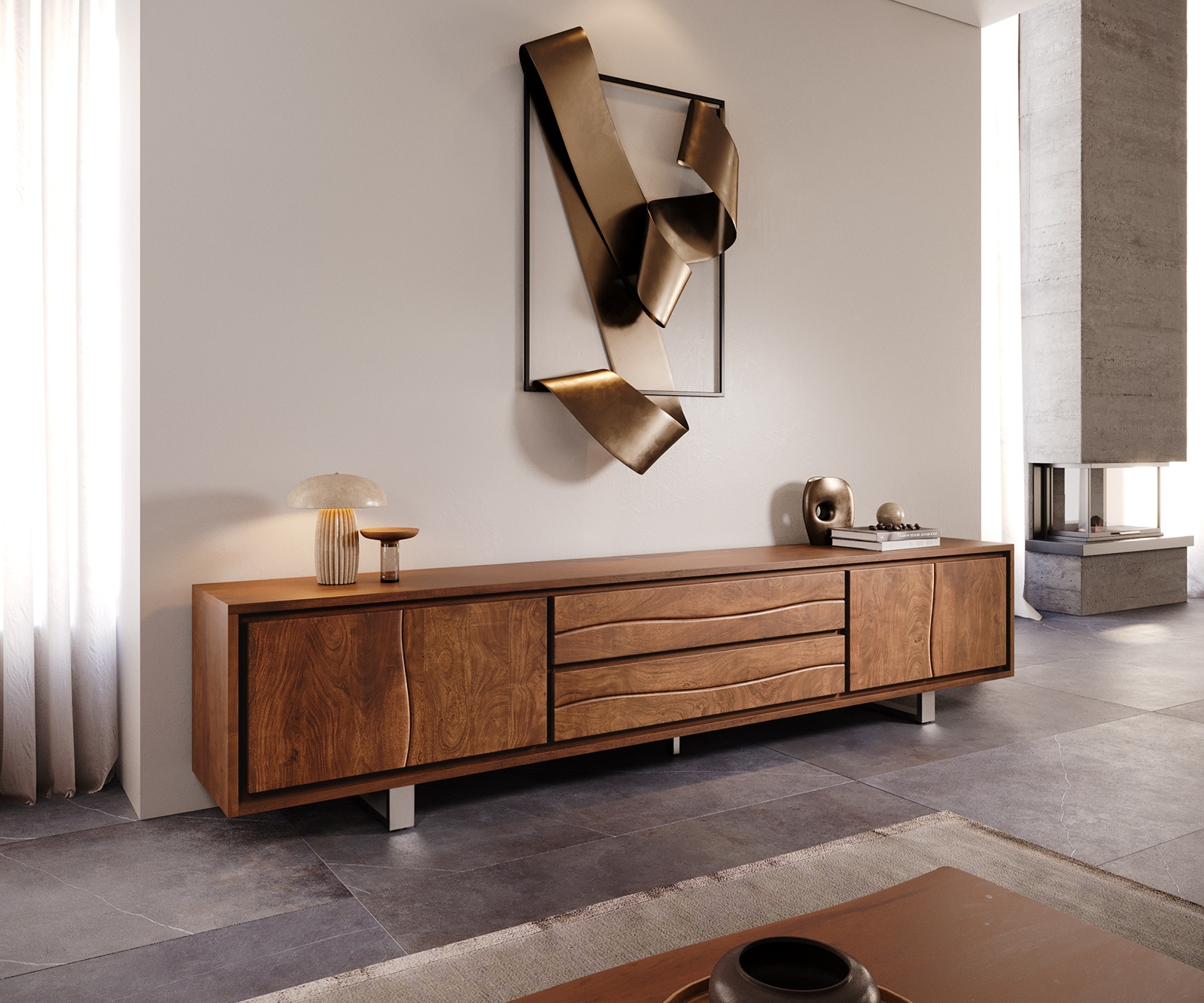 Table-TV Live-Edge Meuble-TV en acacia 4 portes en bordure d'arbre 2