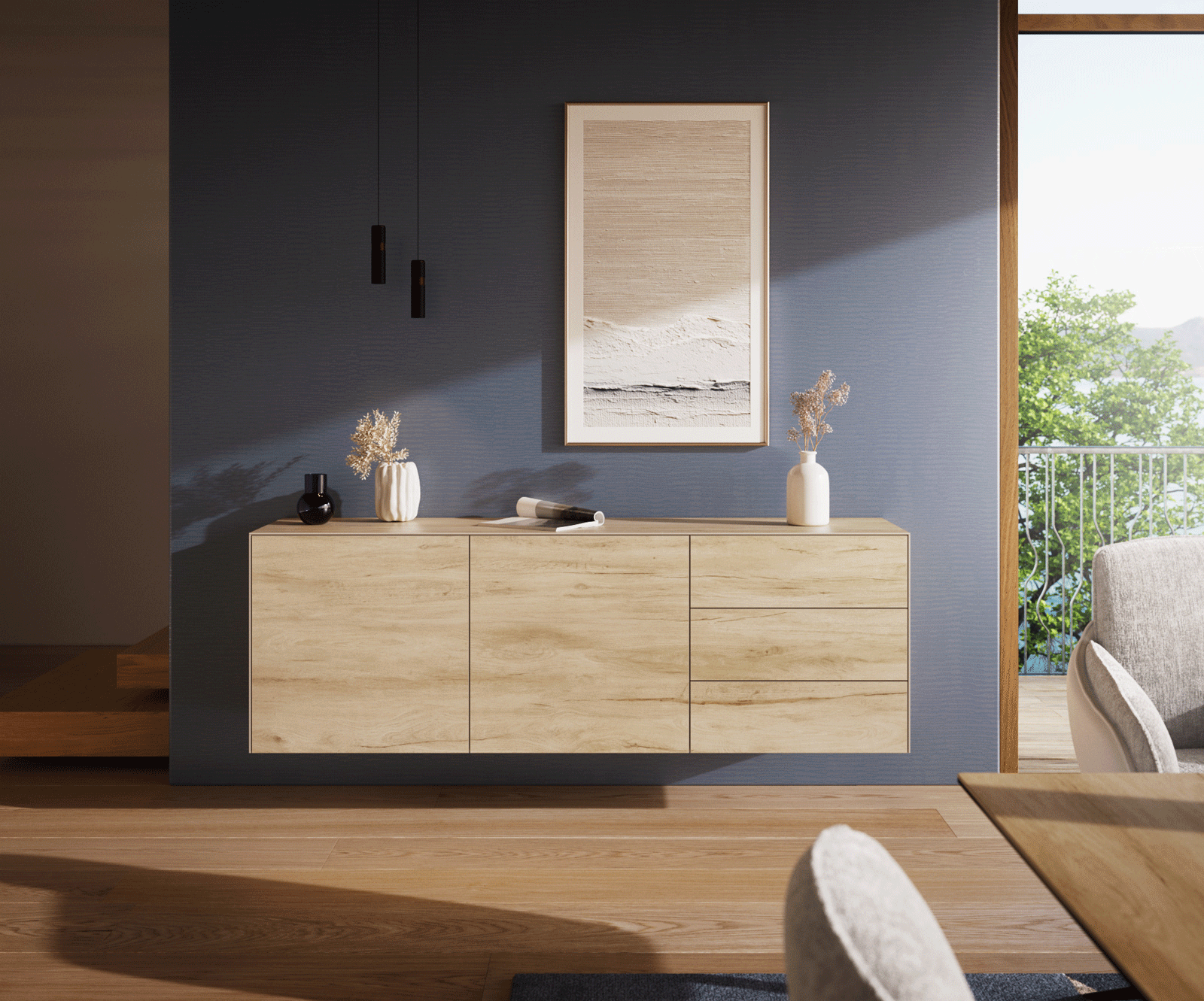 Buffet Cuor 180 cm Céramique Laminam® Sabbia Teinte chêne 2 Portes 3 Tiroirs Flottant 2