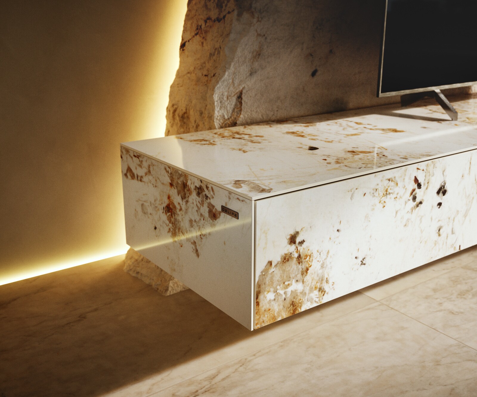 Meuble-TV Cuor 200 cm Céramique Minas Melange Blanc-beige 1 Clapet 1 Tiroir Pied optique flottant Métal Noir 6