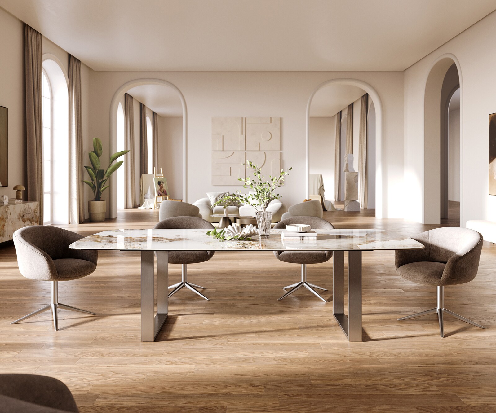 Table à manger Edge Boot 260x120 cm Céramique Minas Melange Blanc-Beige Acier inoxydable Schmal 1